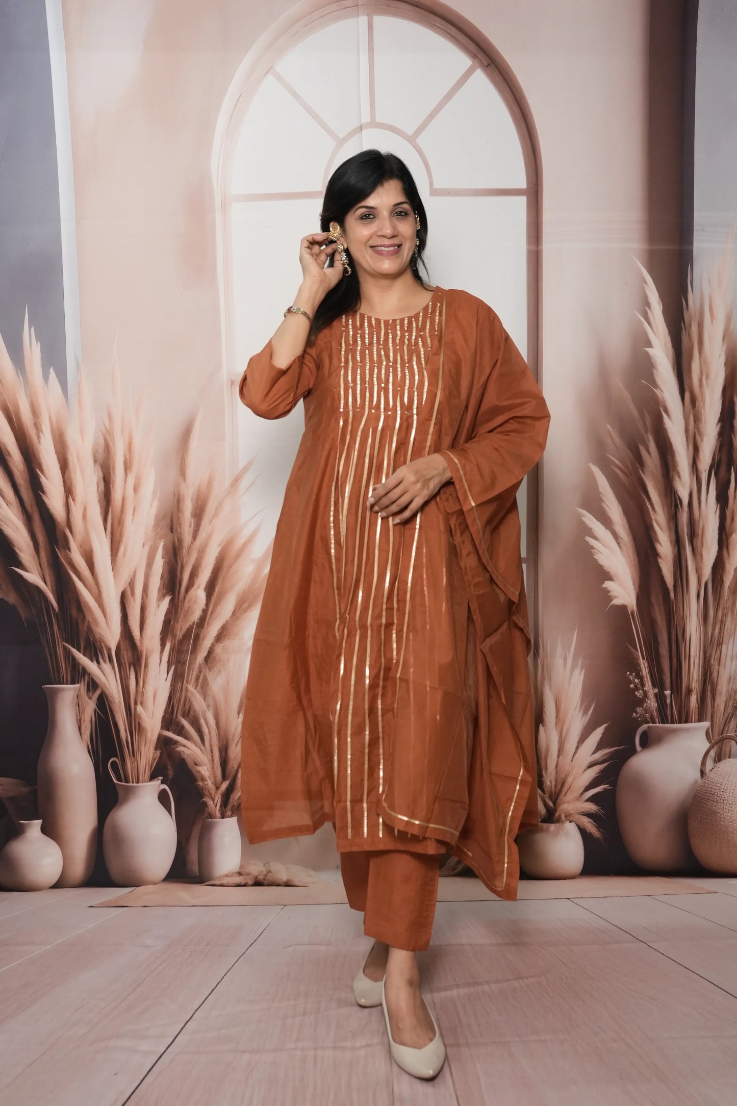 Dark Rust Mul Chanderi A-Line Kurta Dupatta Set | Gota & Sequin Work