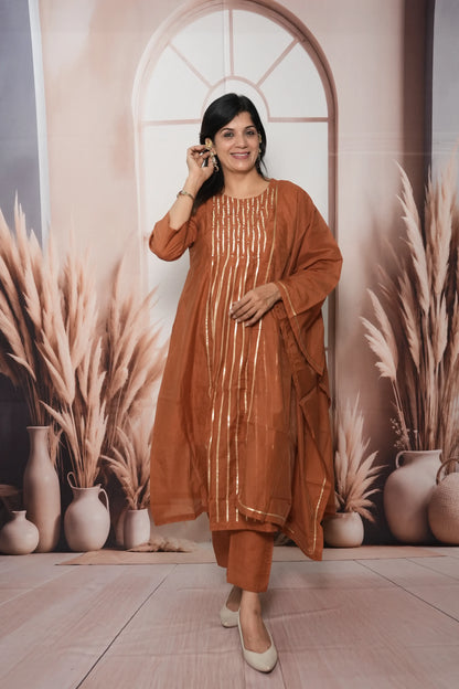 Dark Rust Mul Chanderi A-Line Kurta Dupatta Set | Gota & Sequin Work