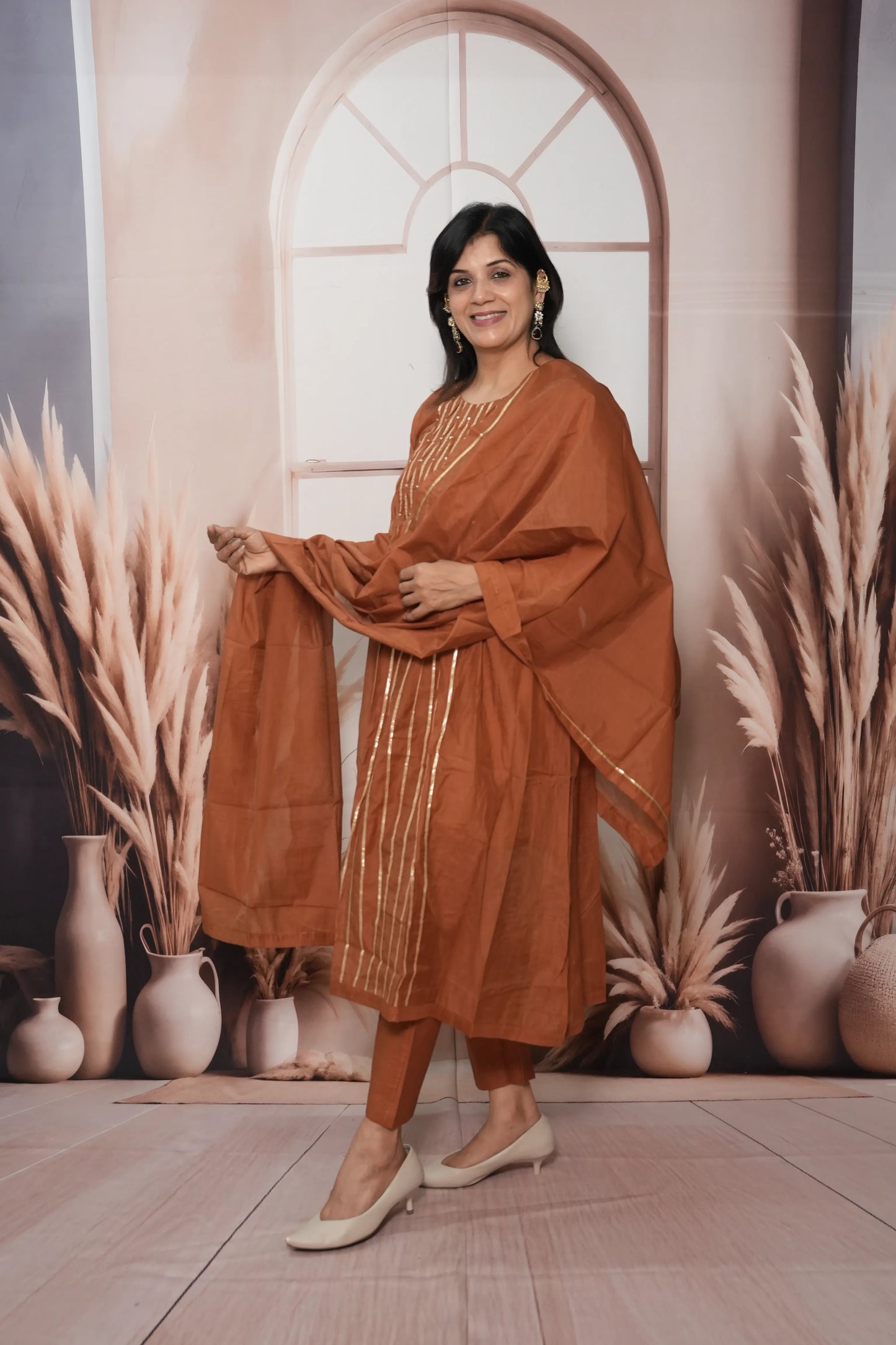 Dark Rust Mul Chanderi A-Line Kurta Dupatta Set | Gota & Sequin Work