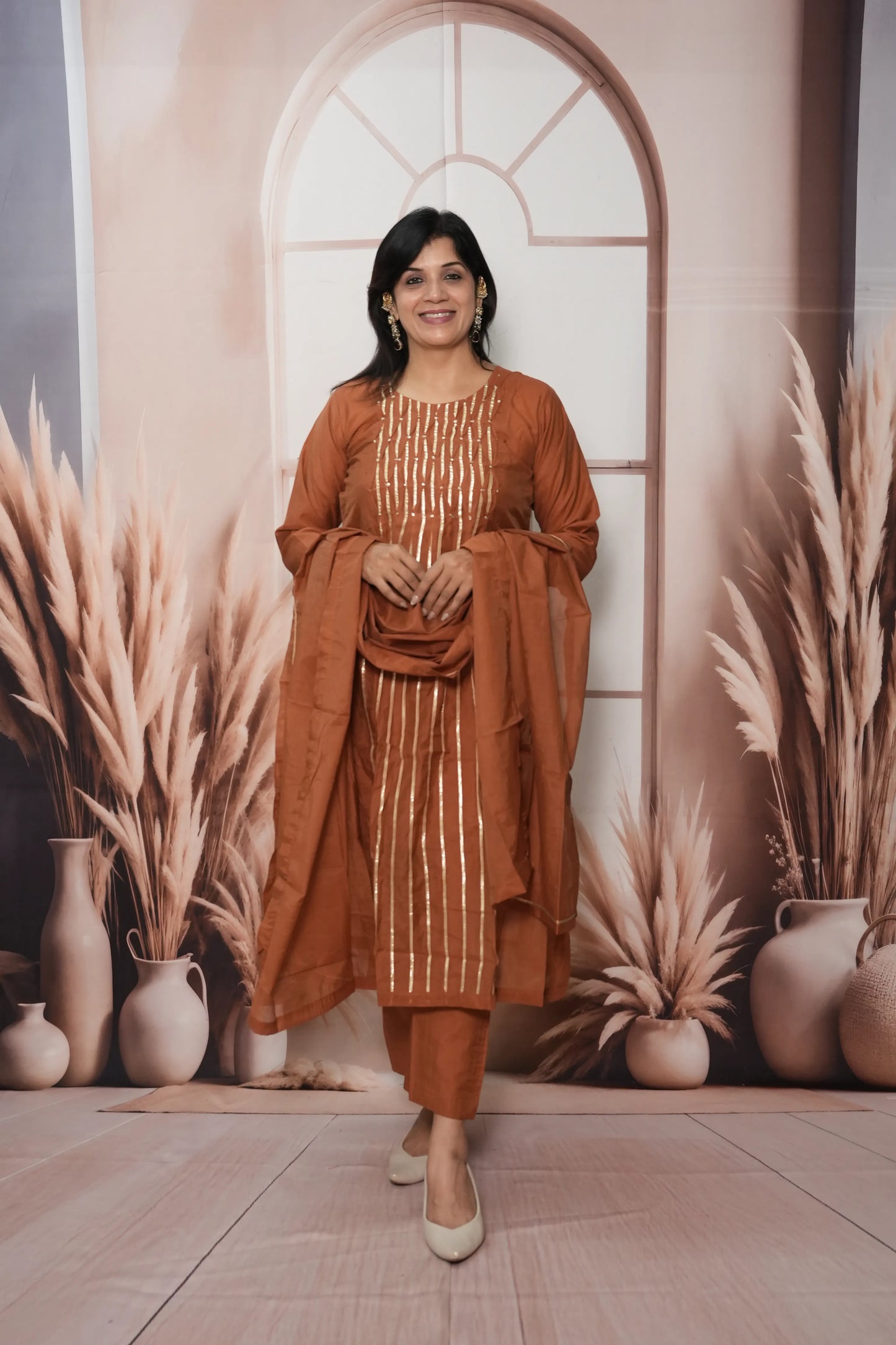 Dark Rust Mul Chanderi A-Line Kurta Dupatta Set | Gota & Sequin Work