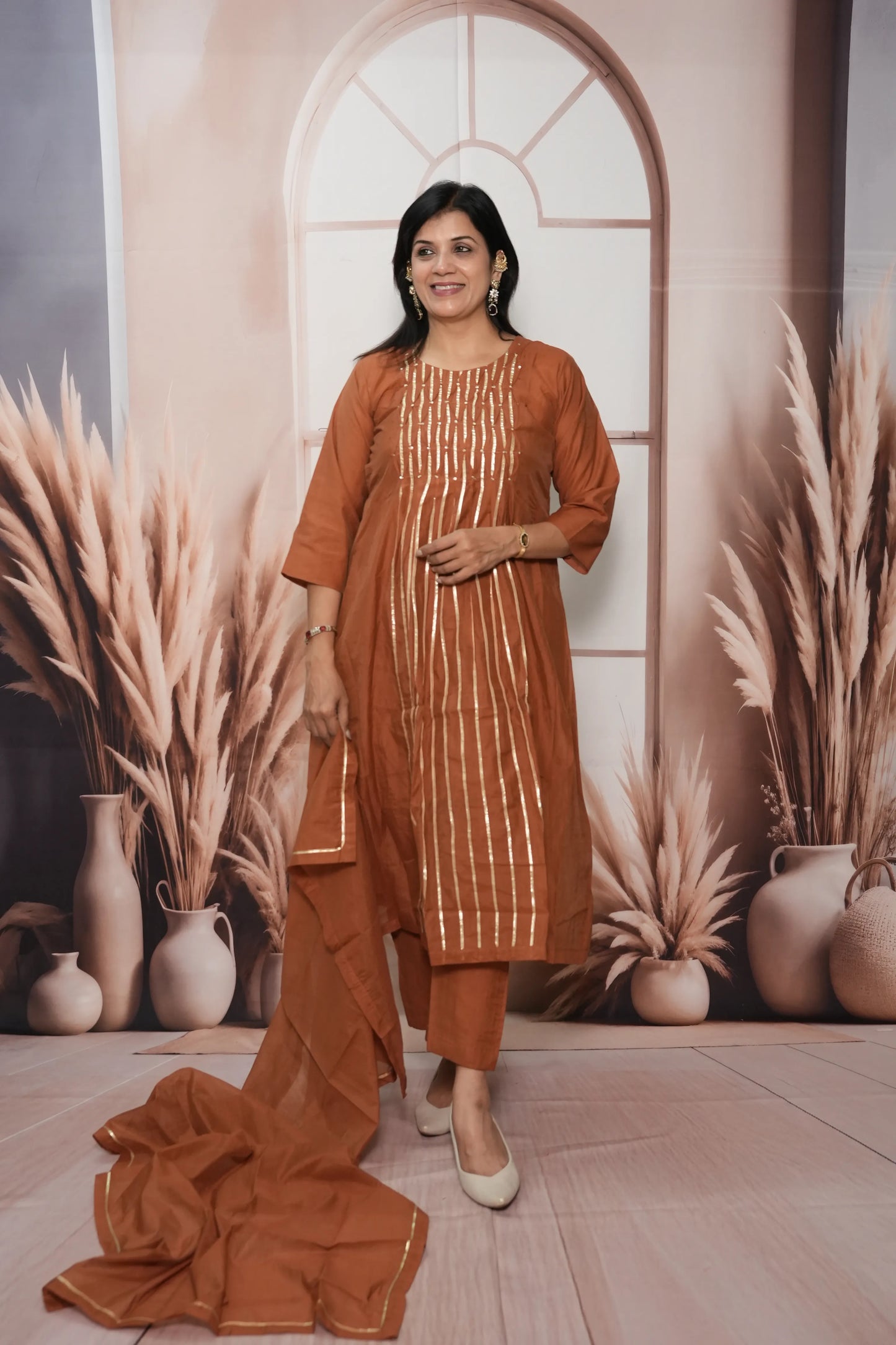 Dark Rust Mul Chanderi A-Line Kurta Dupatta Set | Gota & Sequin Work