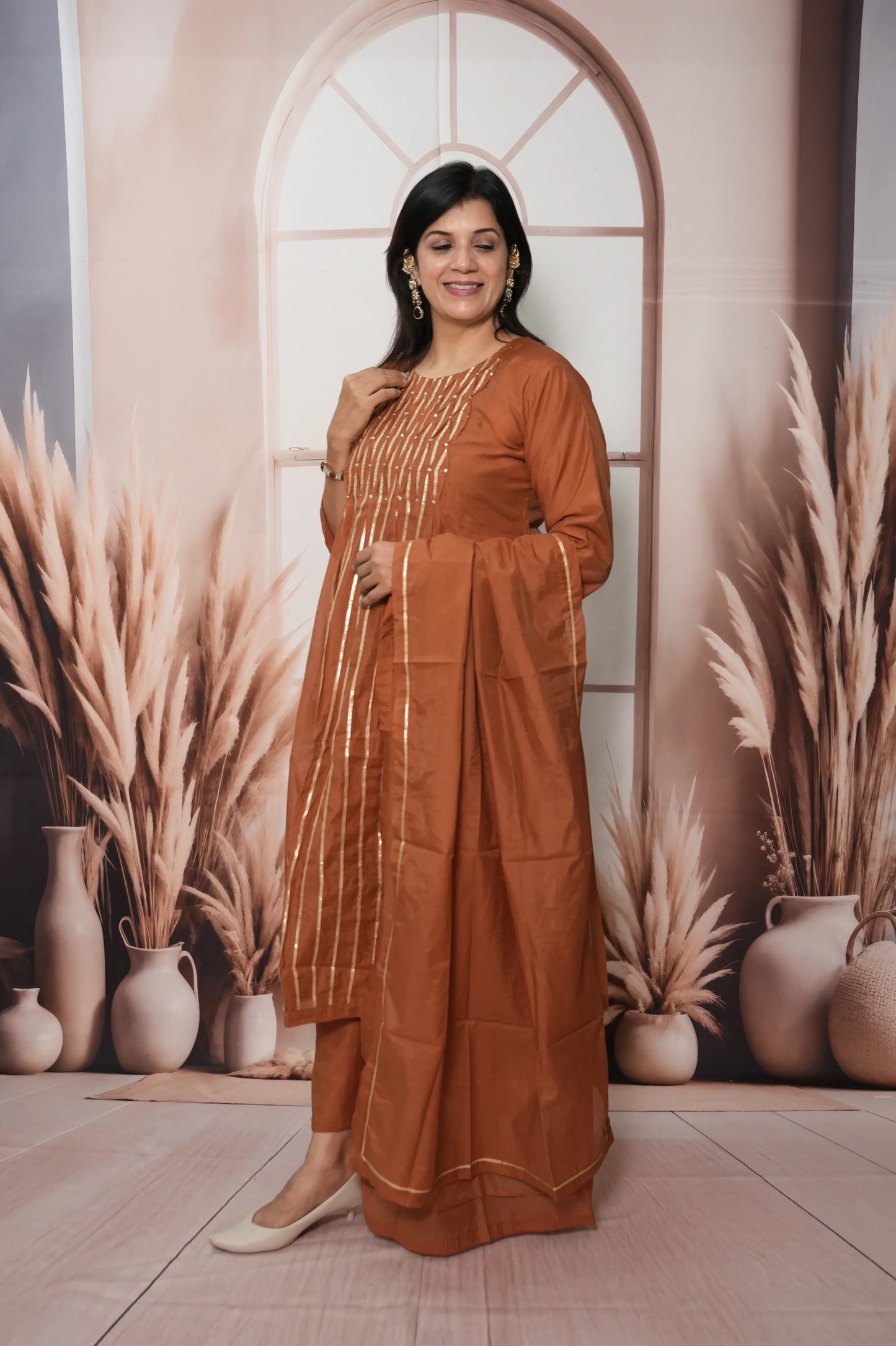 Dark Rust Mul Chanderi A-Line Kurta Dupatta Set | Gota & Sequin Work