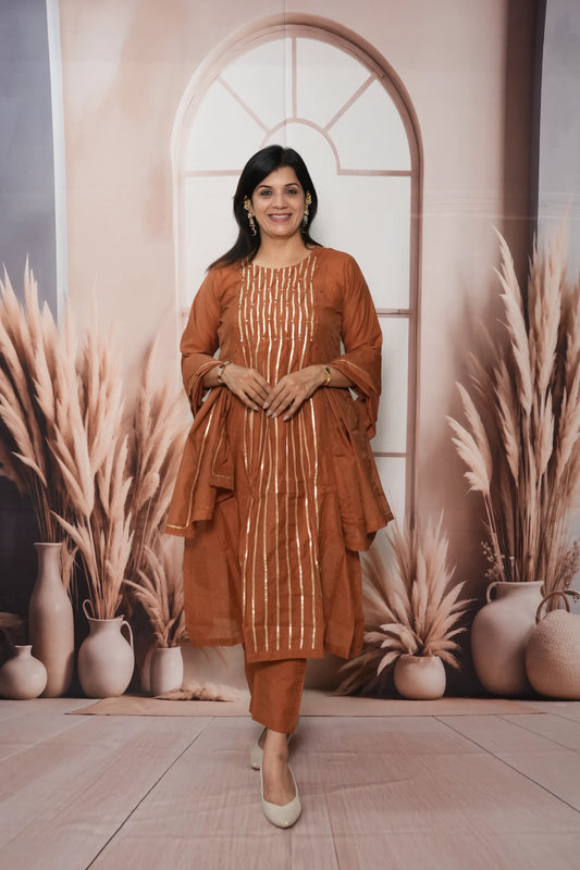 Dark Rust Mul Chanderi A-Line Kurta Dupatta Set | Gota & Sequin Work