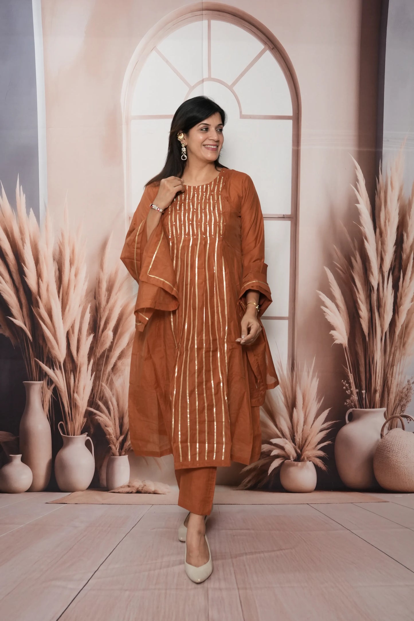 Dark Rust Mul Chanderi A-Line Kurta Dupatta Set | Gota & Sequin Work