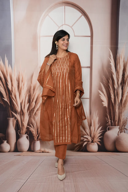 Dark Rust Mul Chanderi A-Line Kurta Dupatta Set | Gota & Sequin Work