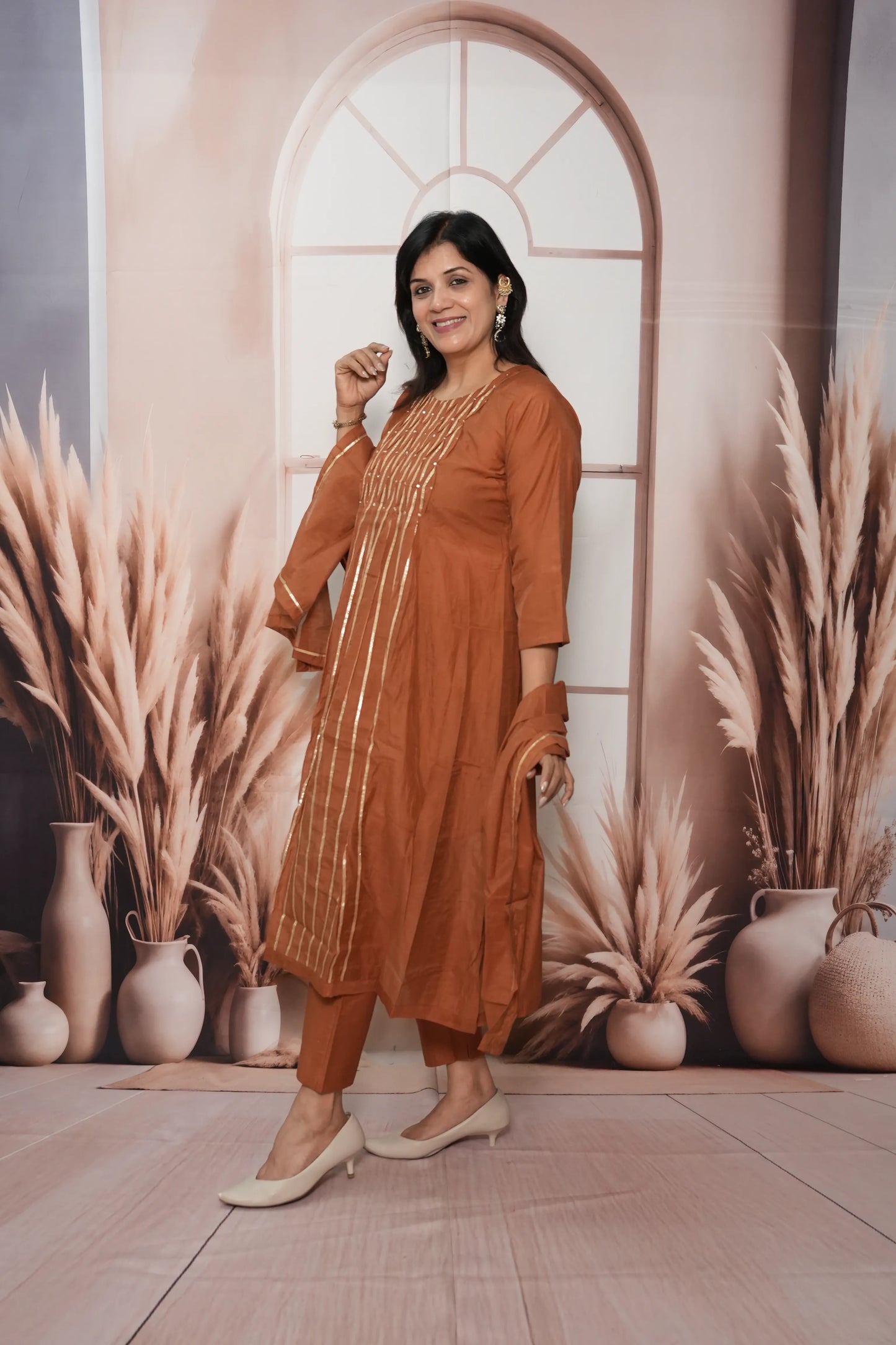 Dark Rust Mul Chanderi A-Line Kurta Dupatta Set | Gota & Sequin Work
