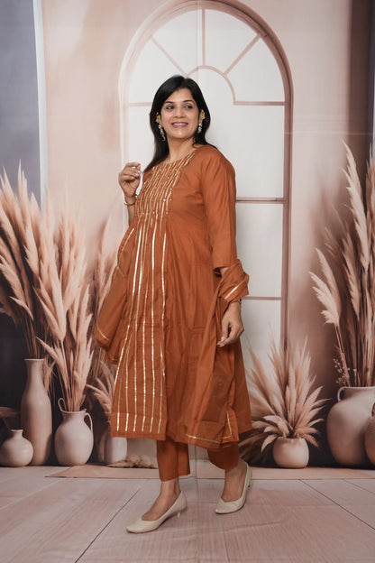 Dark Rust Mul Chanderi A-Line Kurta Dupatta Set | Gota & Sequin Work