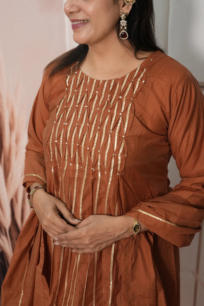 Dark Rust Mul Chanderi A-Line Kurta Dupatta Set | Gota & Sequin Work