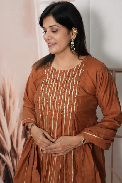 Dark Rust Mul Chanderi A-Line Kurta Dupatta Set | Gota & Sequin Work