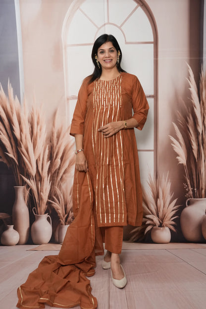 Dark Rust Mul Chanderi A-Line Kurta Dupatta Set | Gota & Sequin Work