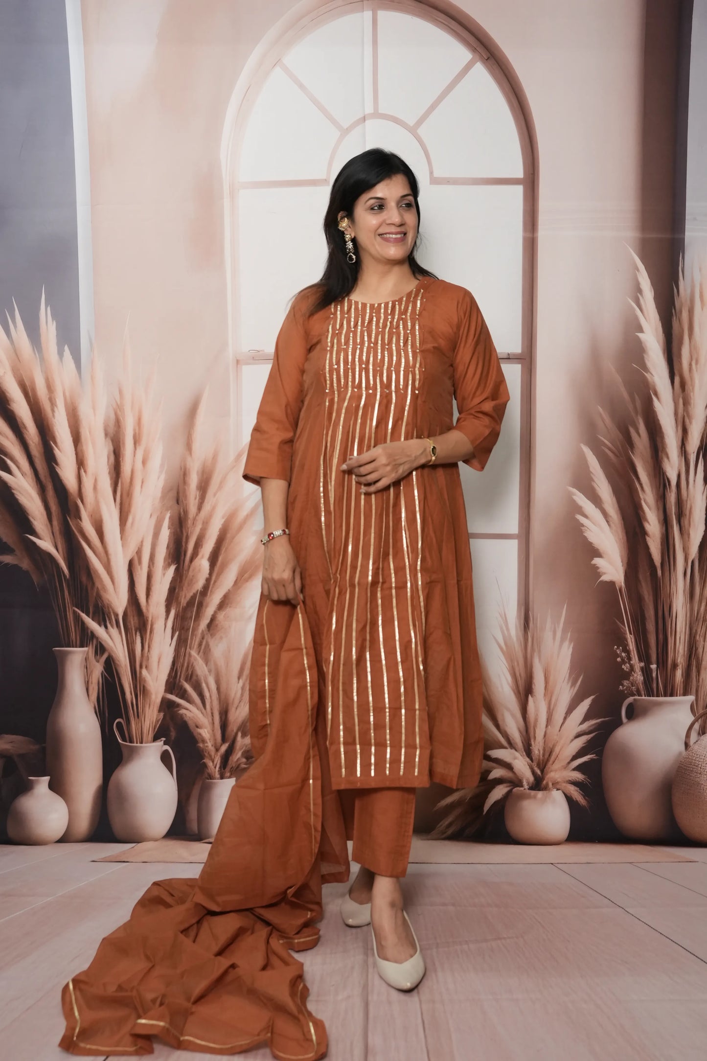 Dark Rust Mul Chanderi A-Line Kurta Dupatta Set | Gota & Sequin Work