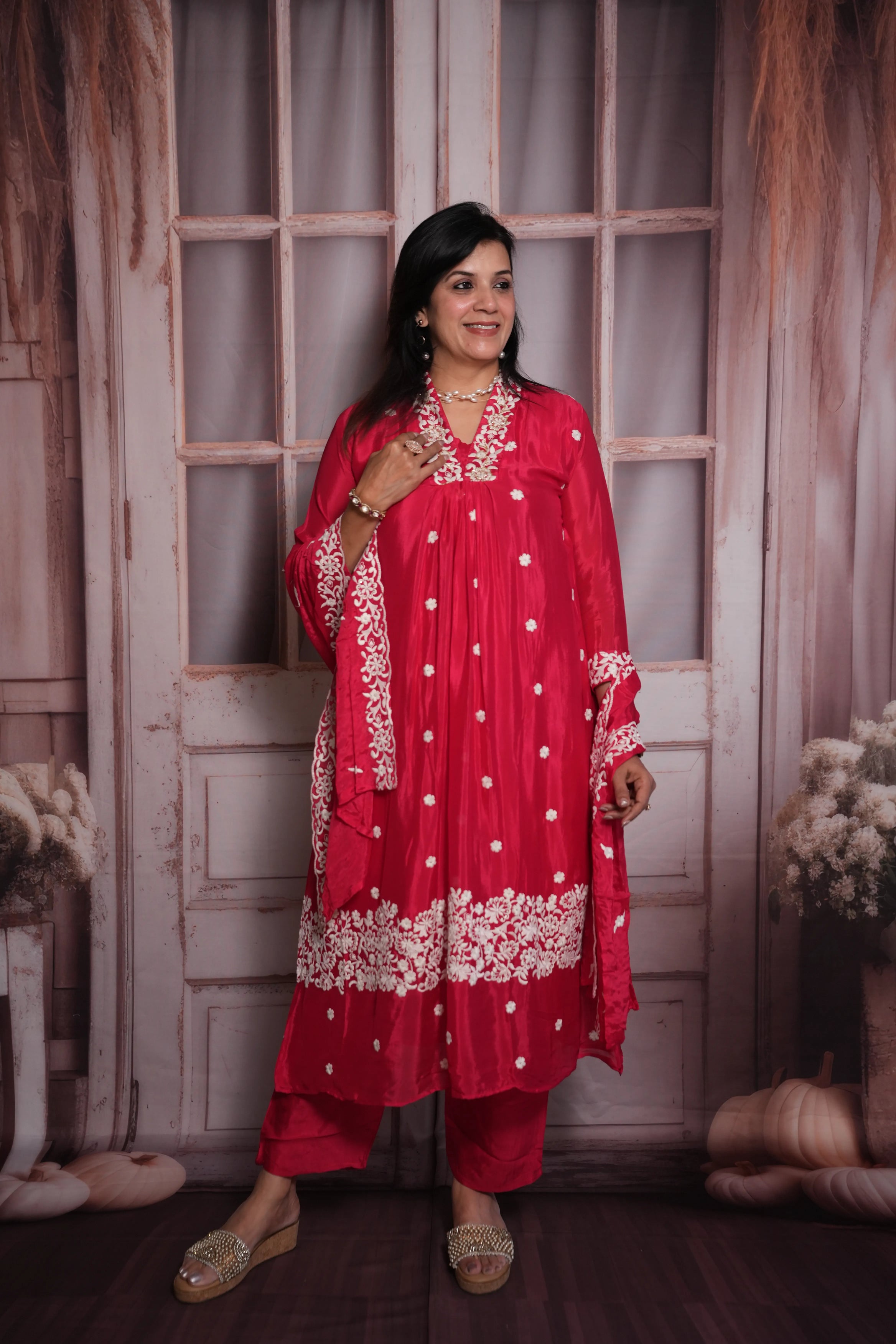 Pink Raspberry A-Line Kurta Dupatta Set | Chinon Fabric