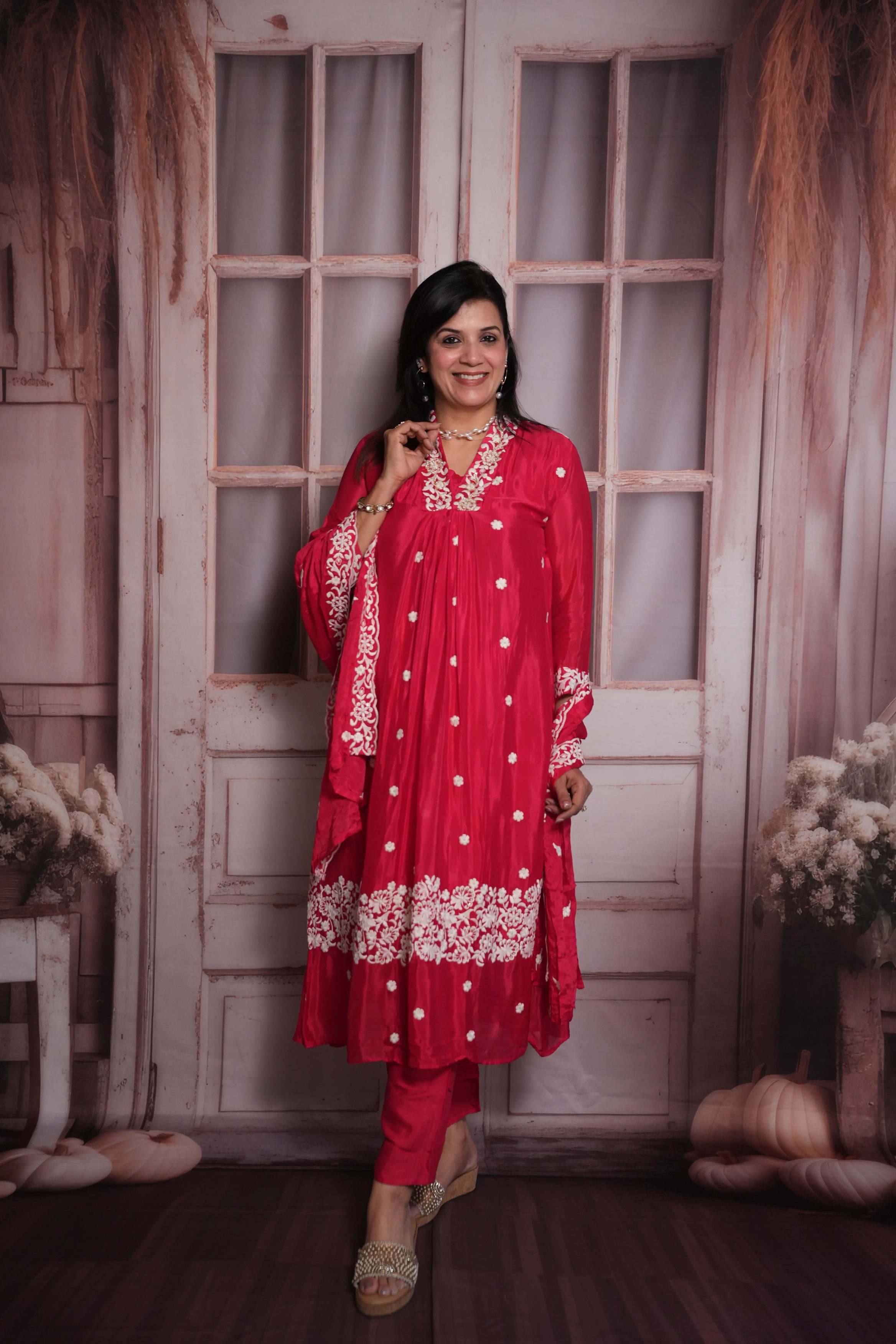 Pink Raspberry A-Line Kurta Dupatta Set | Chinon Fabric