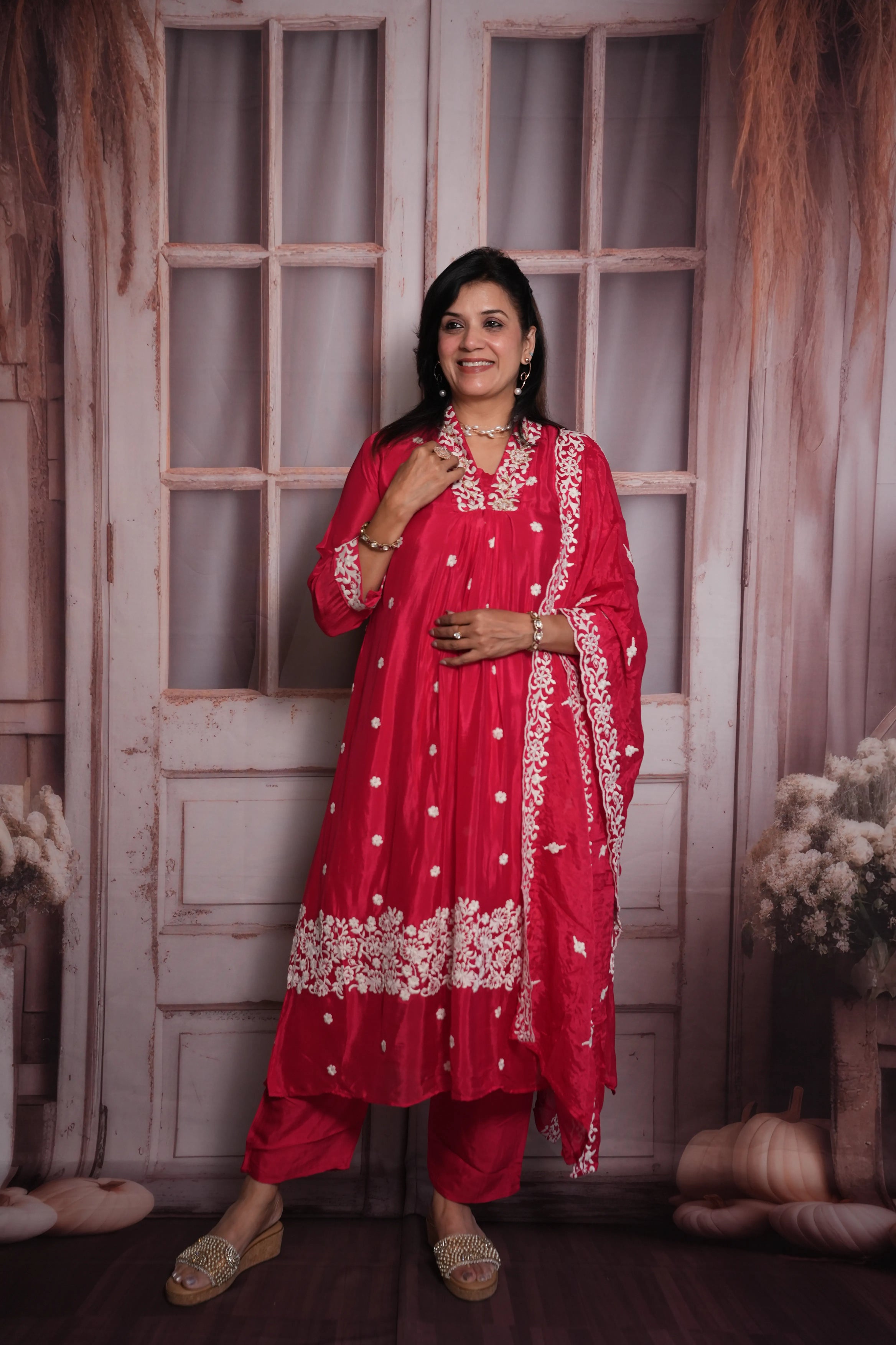 Pink Raspberry A-Line Kurta Dupatta Set | Chinon Fabric