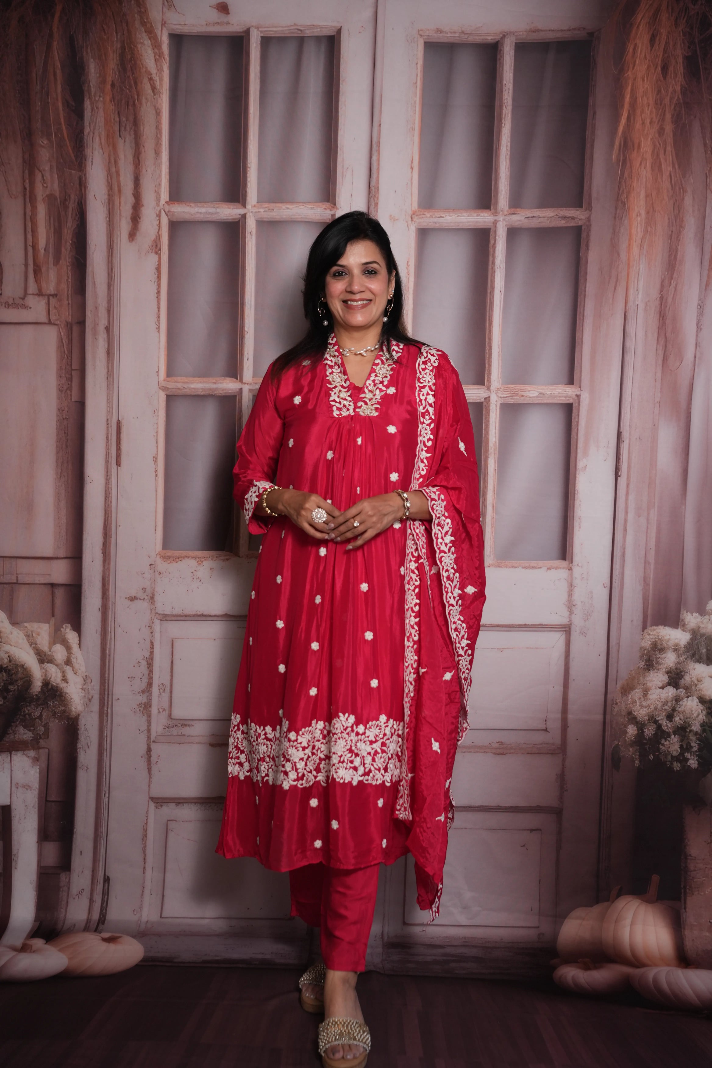 Pink Raspberry A-Line Kurta Dupatta Set | Chinon Fabric