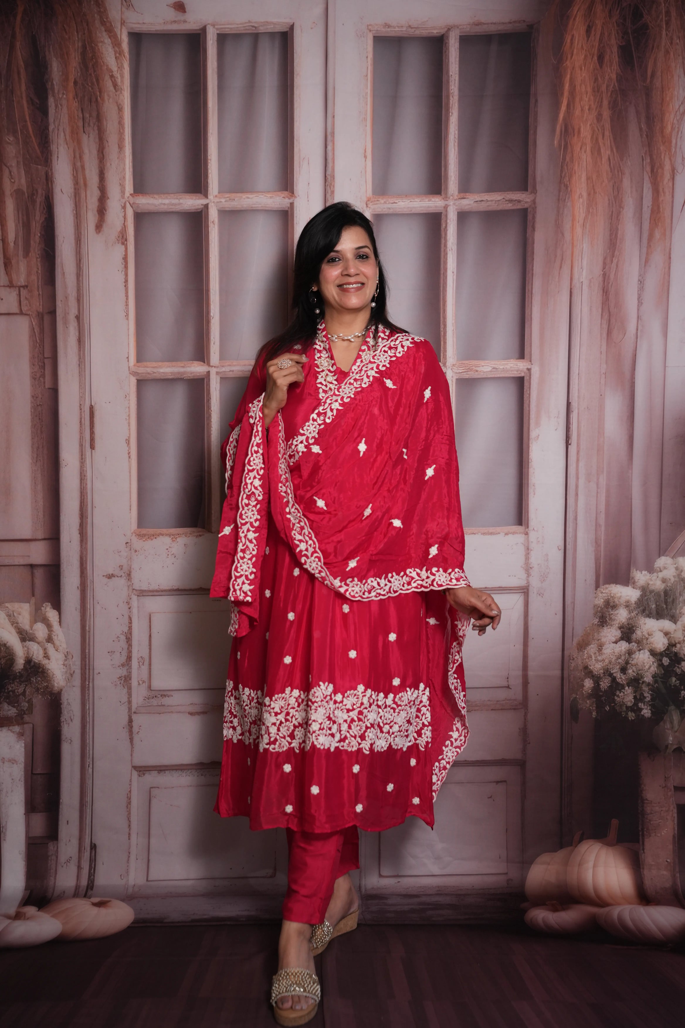 Pink Raspberry A-Line Kurta Dupatta Set | Chinon Fabric