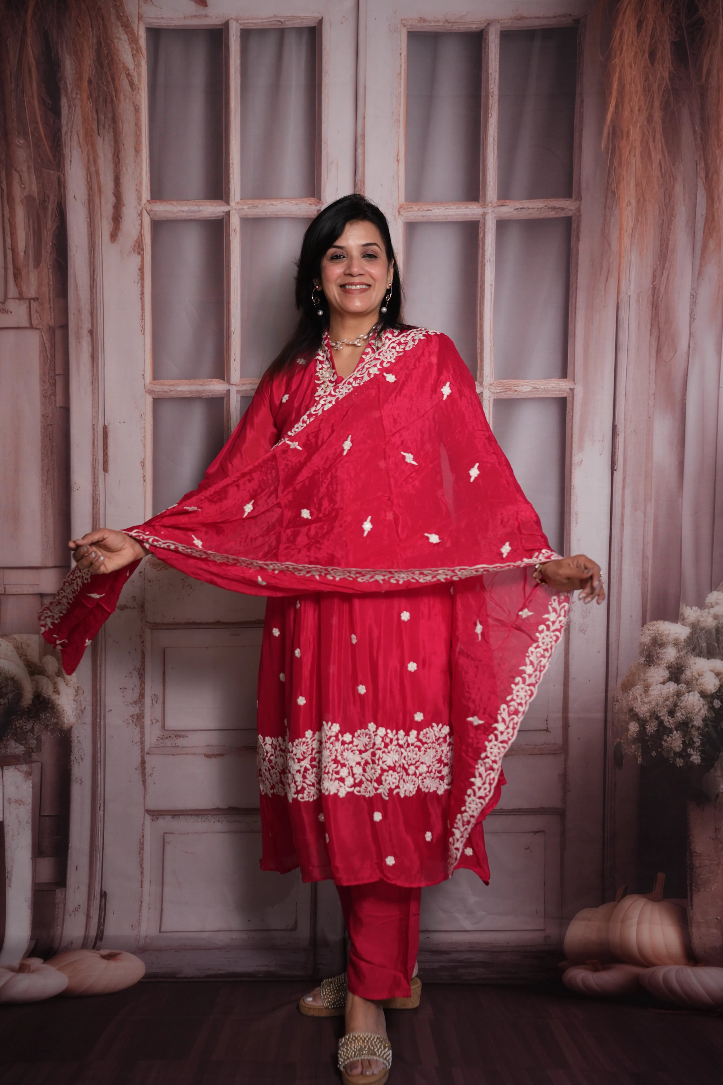 Pink Raspberry A-Line Kurta Dupatta Set | Chinon Fabric