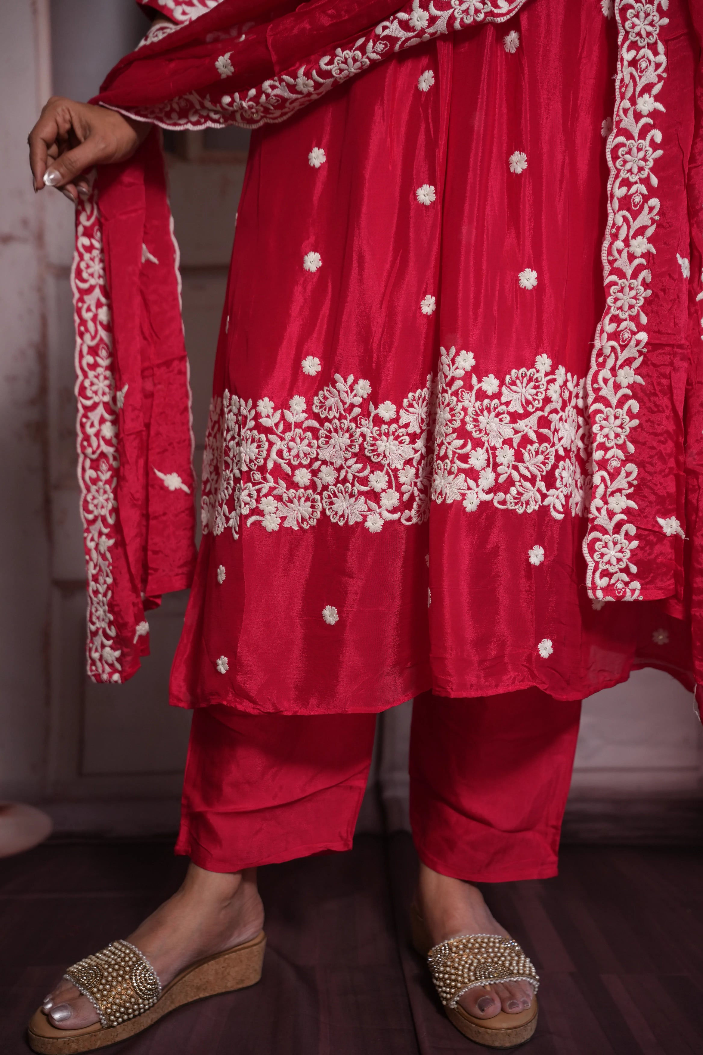Pink Raspberry A-Line Kurta Dupatta Set | Chinon Fabric
