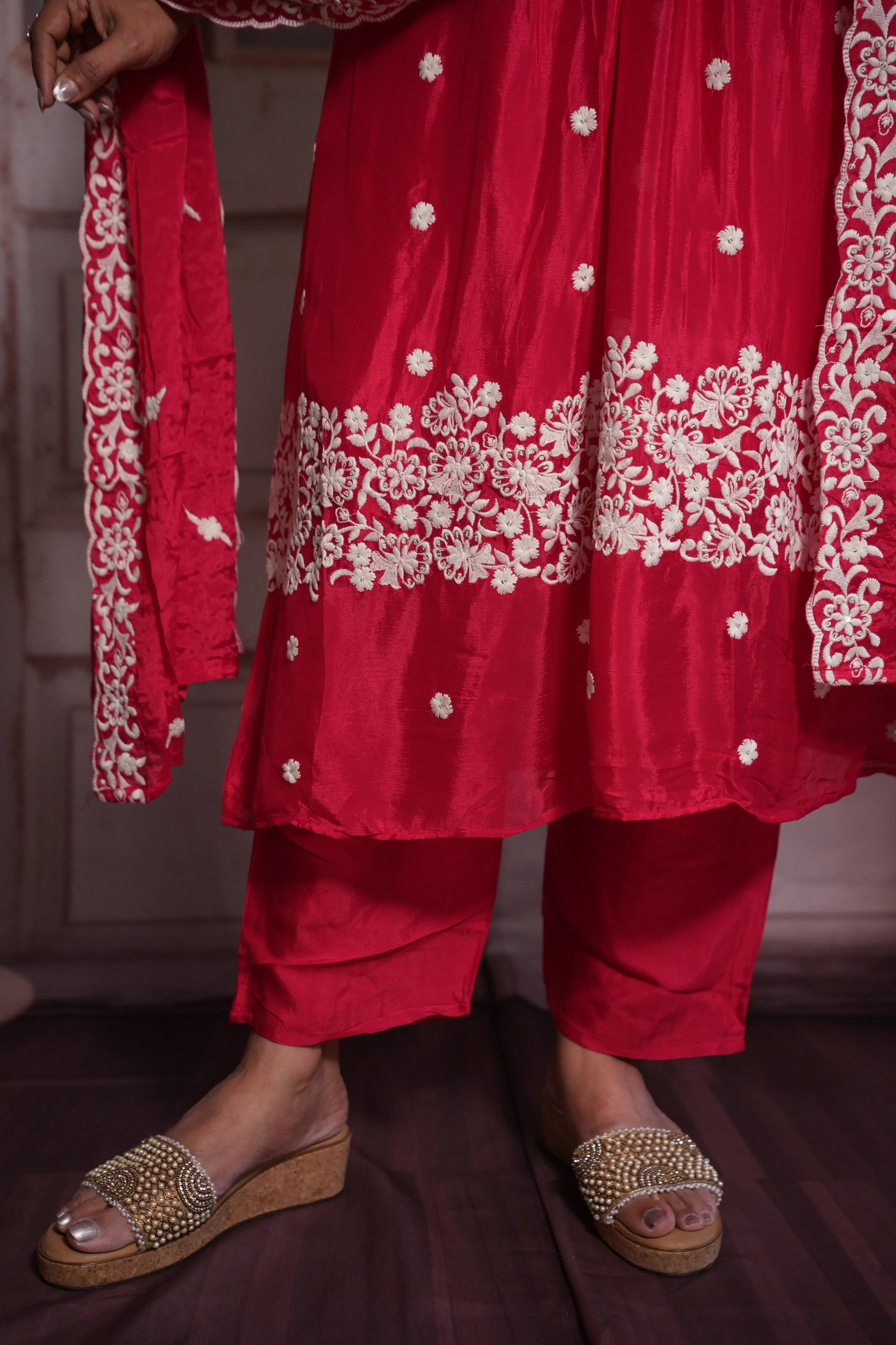 Pink Raspberry A-Line Kurta Dupatta Set | Chinon Fabric
