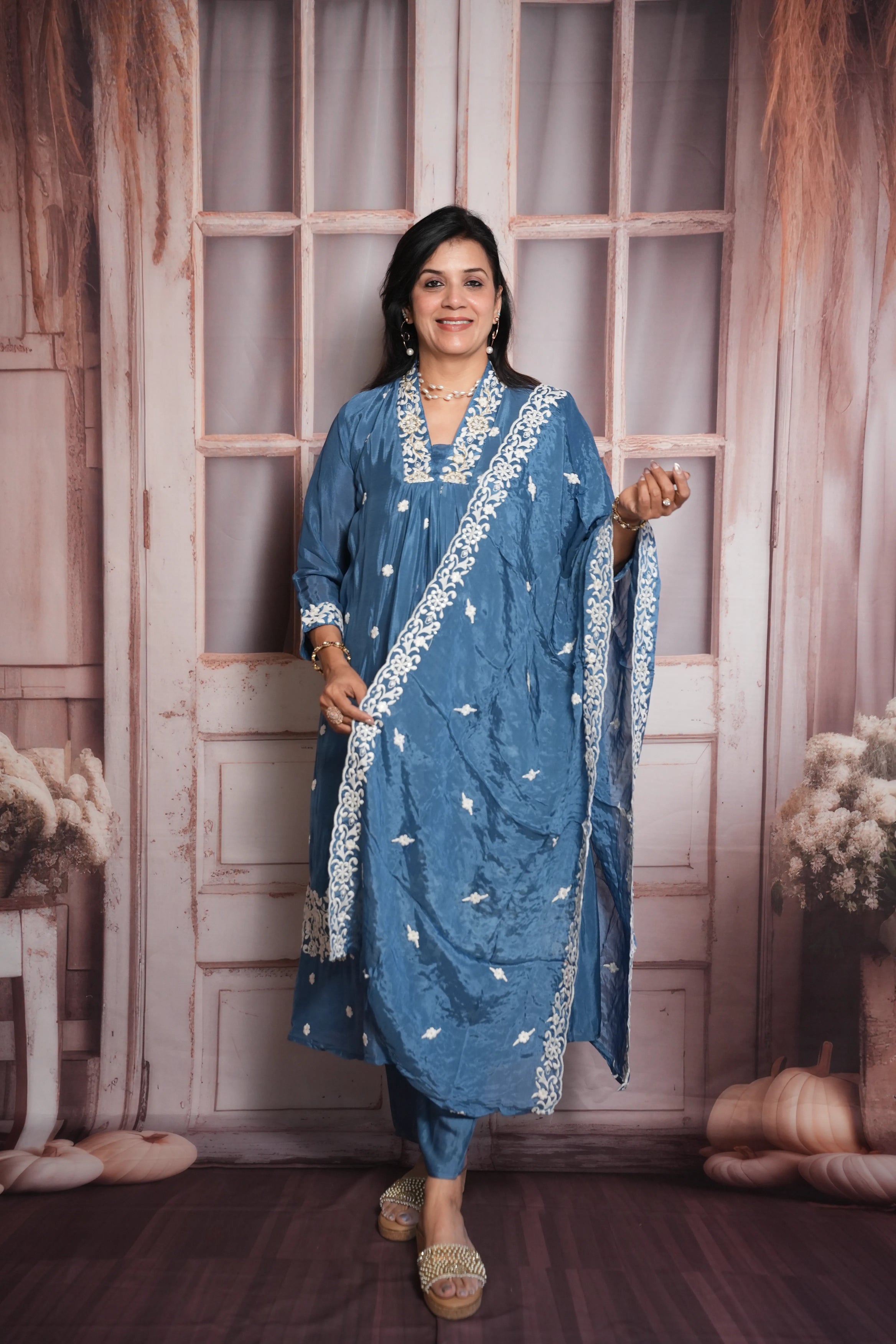 Steel Blue A-Line Kurta Dupatta Set | Chinon Fabric