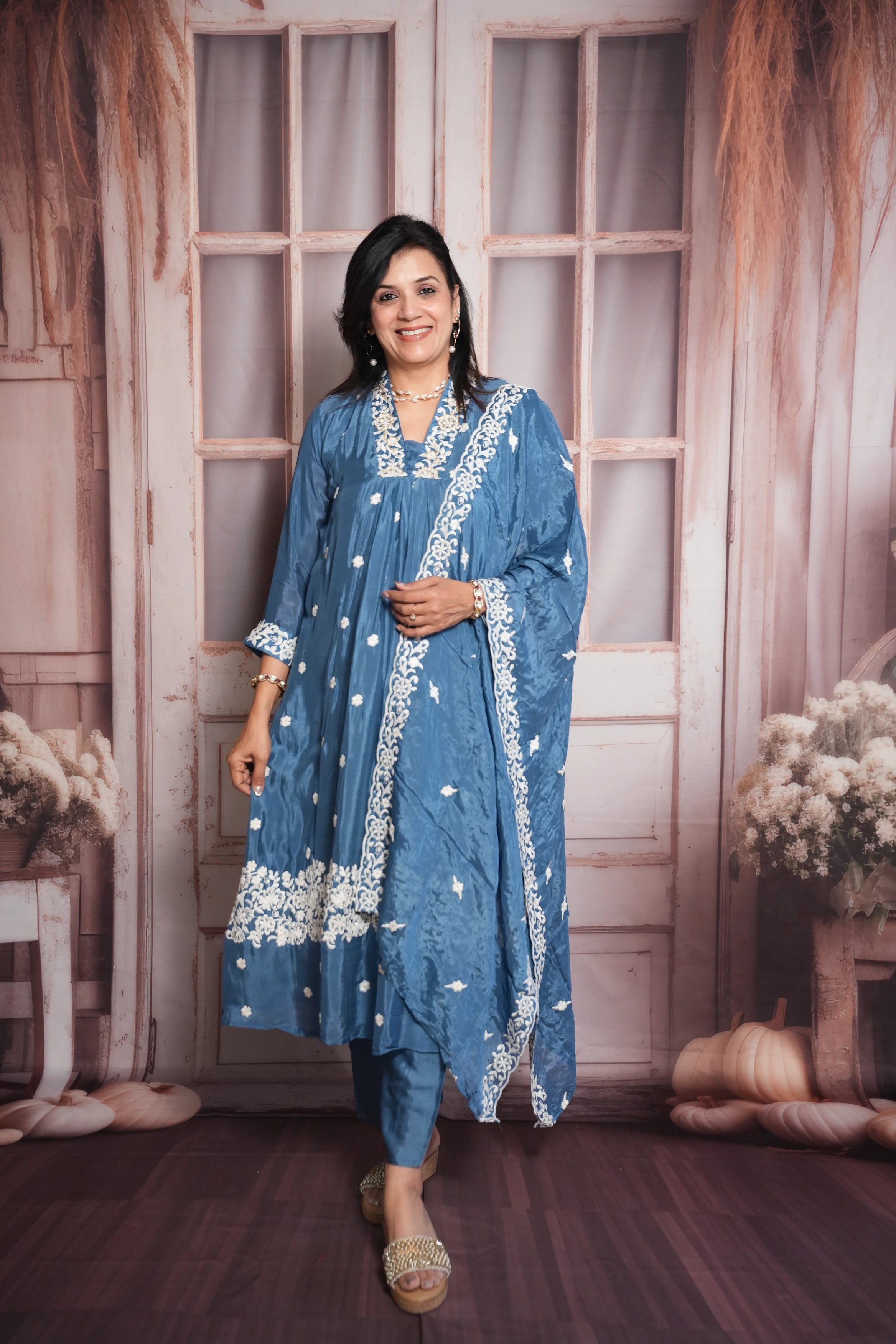 Steel Blue A-Line Kurta Dupatta Set | Chinon Fabric