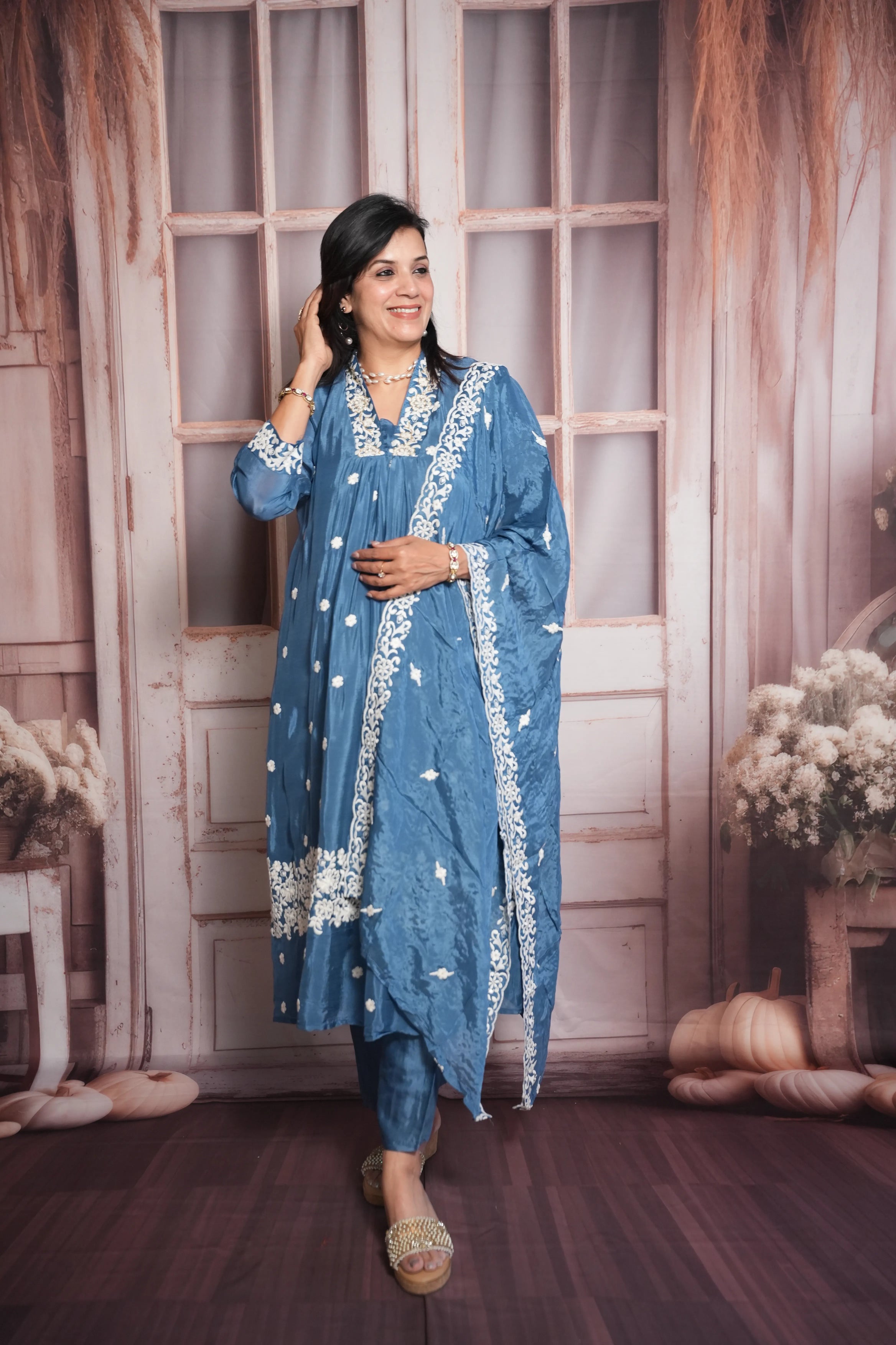 Steel Blue A-Line Kurta Dupatta Set | Chinon Fabric