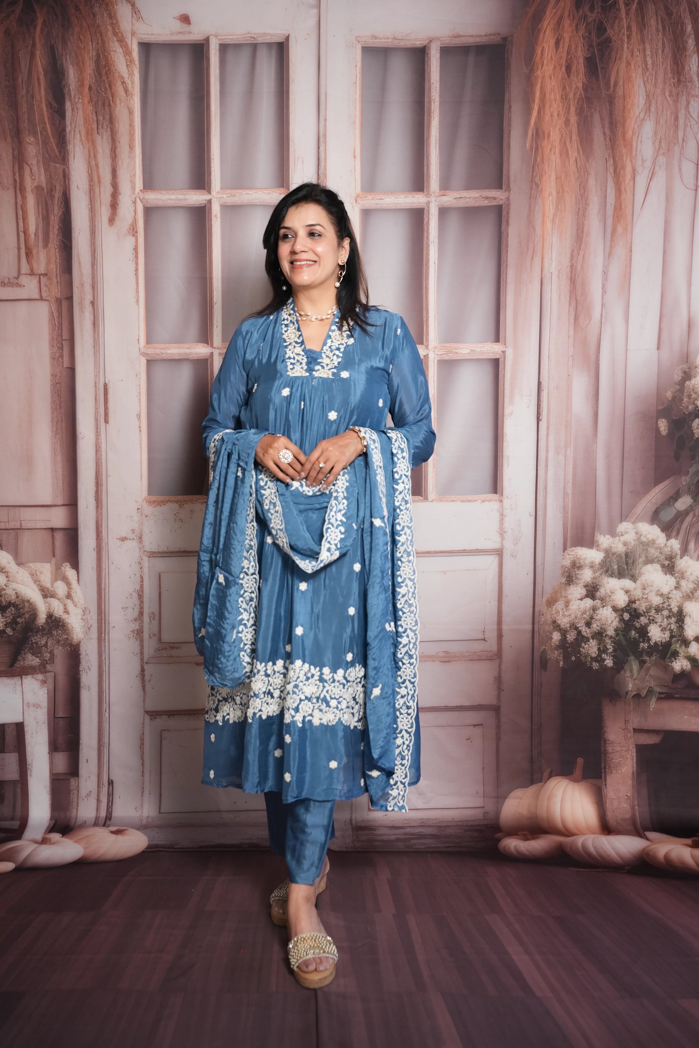 Steel Blue A-Line Kurta Dupatta Set | Chinon Fabric