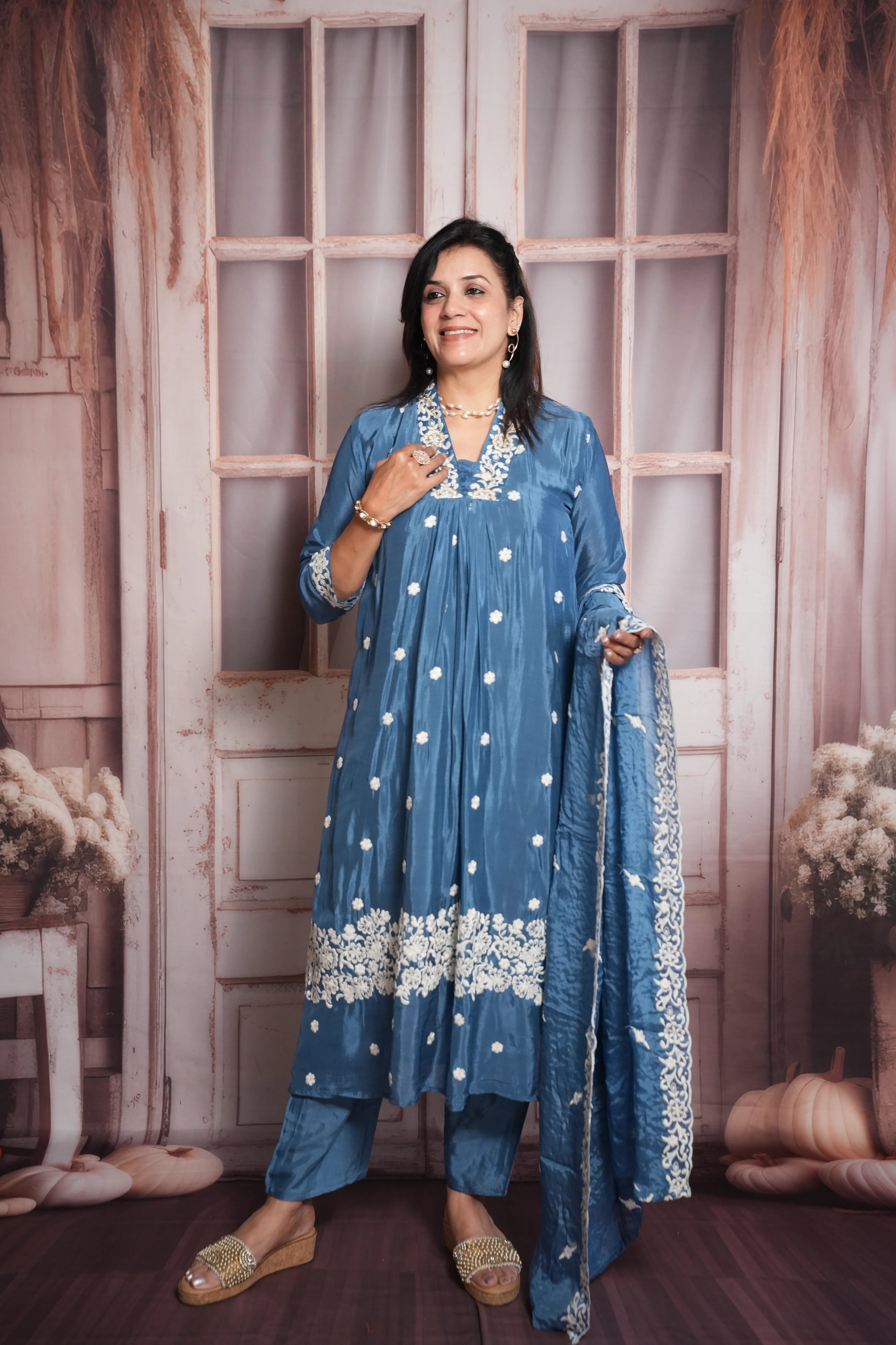 Steel Blue A-Line Kurta Dupatta Set | Chinon Fabric