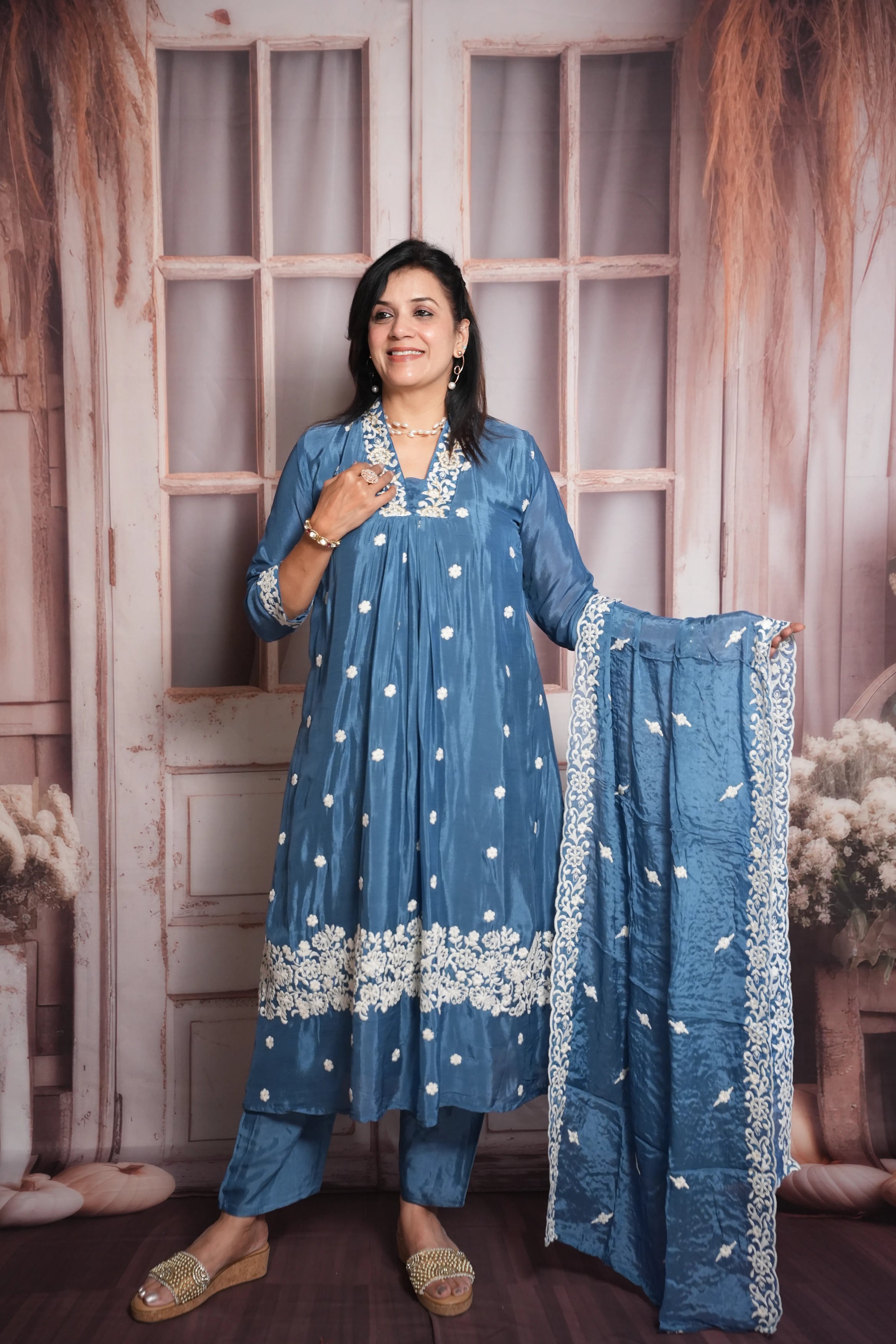 Steel Blue A-Line Kurta Dupatta Set | Chinon Fabric