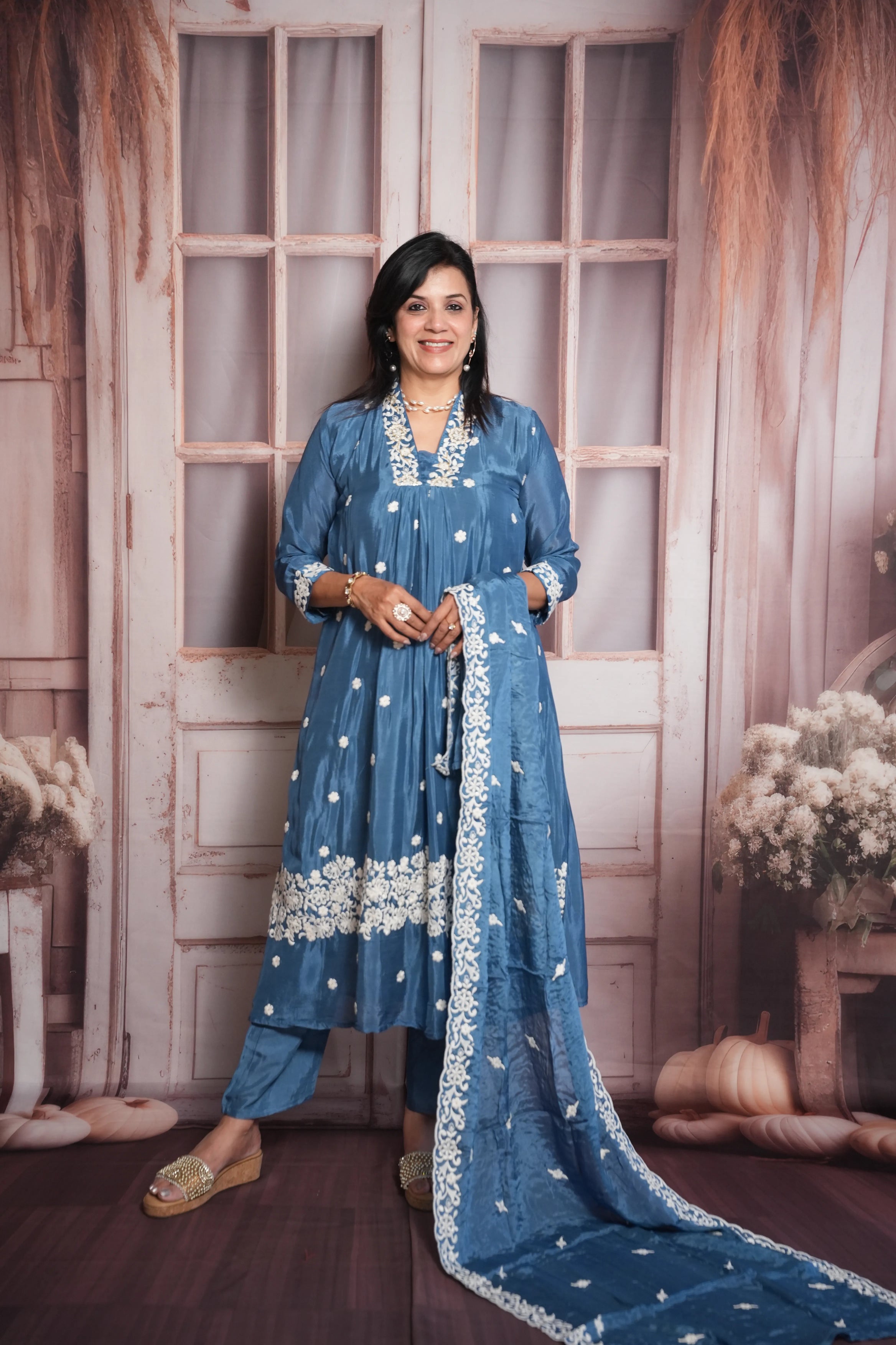 Steel Blue A-Line Kurta Dupatta Set | Chinon Fabric