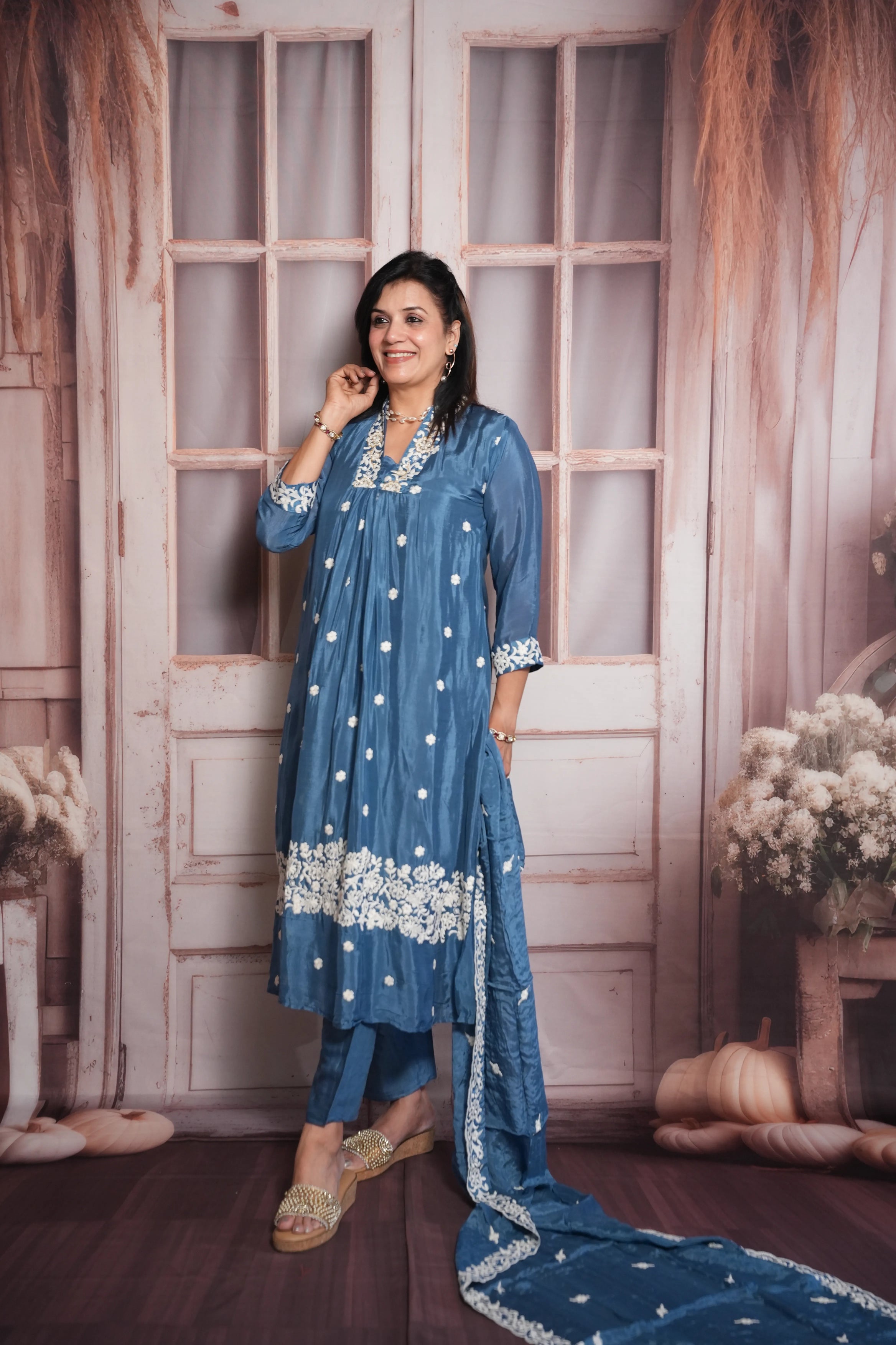 Steel Blue A-Line Kurta Dupatta Set | Chinon Fabric