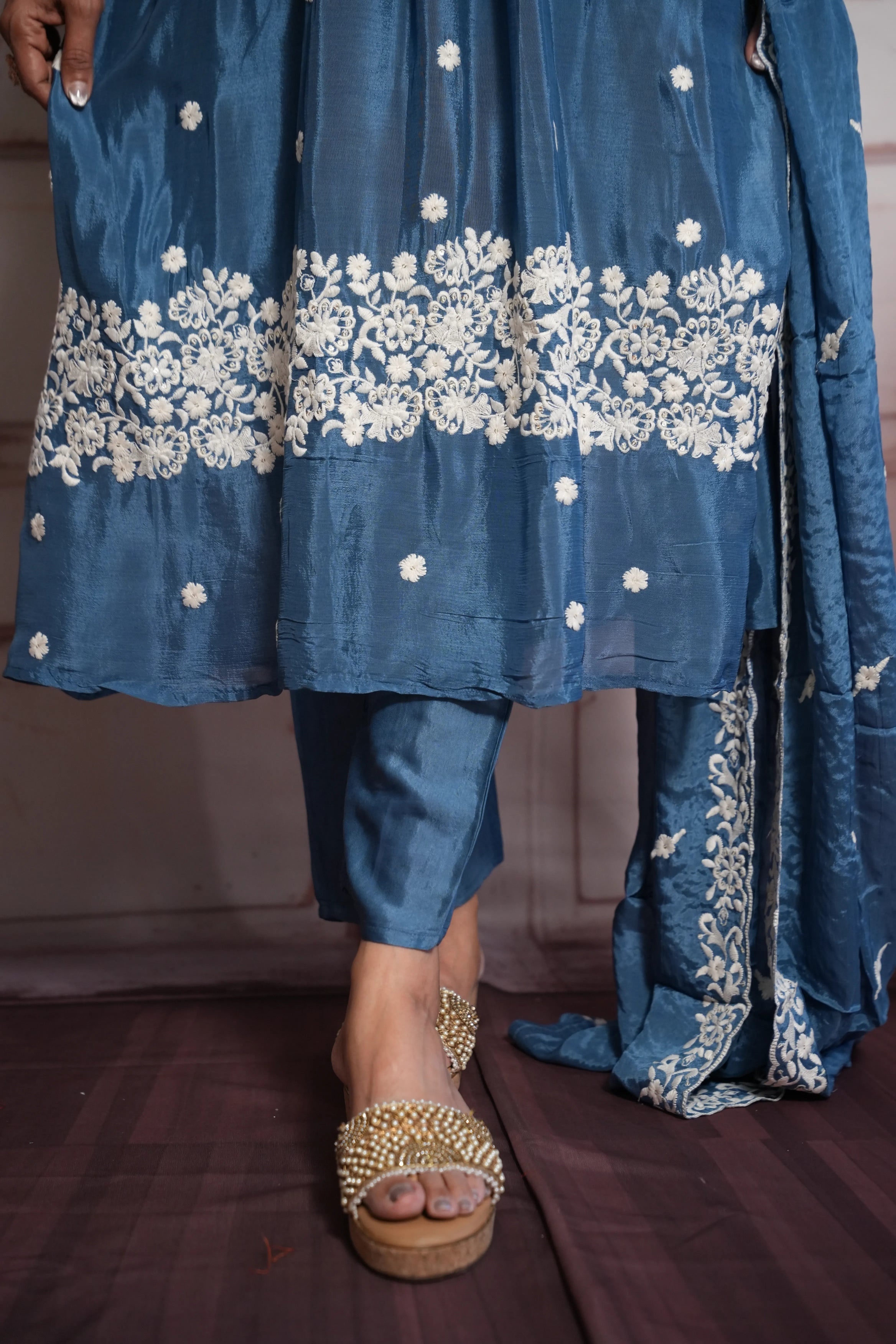 Steel Blue A-Line Kurta Dupatta Set | Chinon Fabric