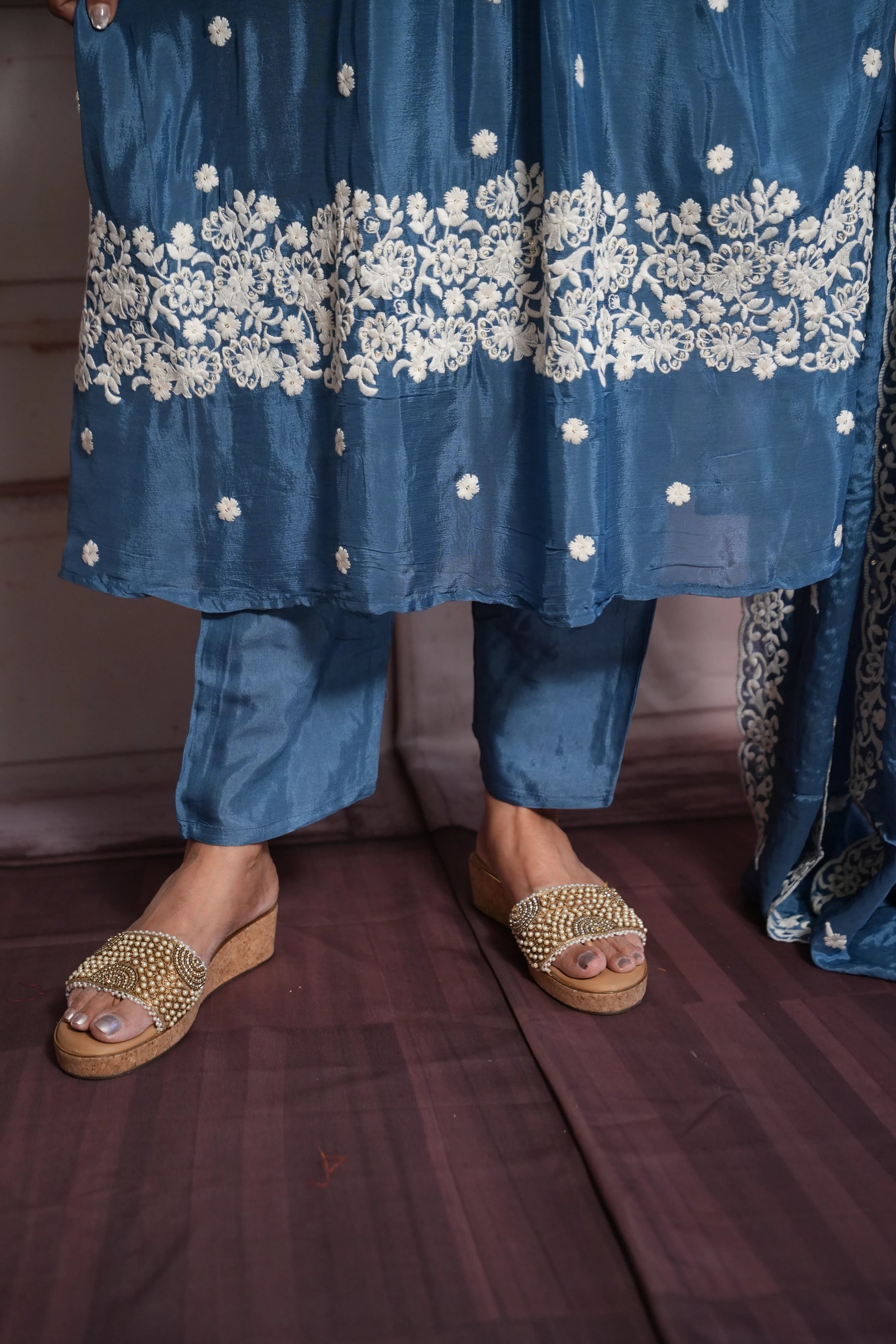 Steel Blue A-Line Kurta Dupatta Set | Chinon Fabric