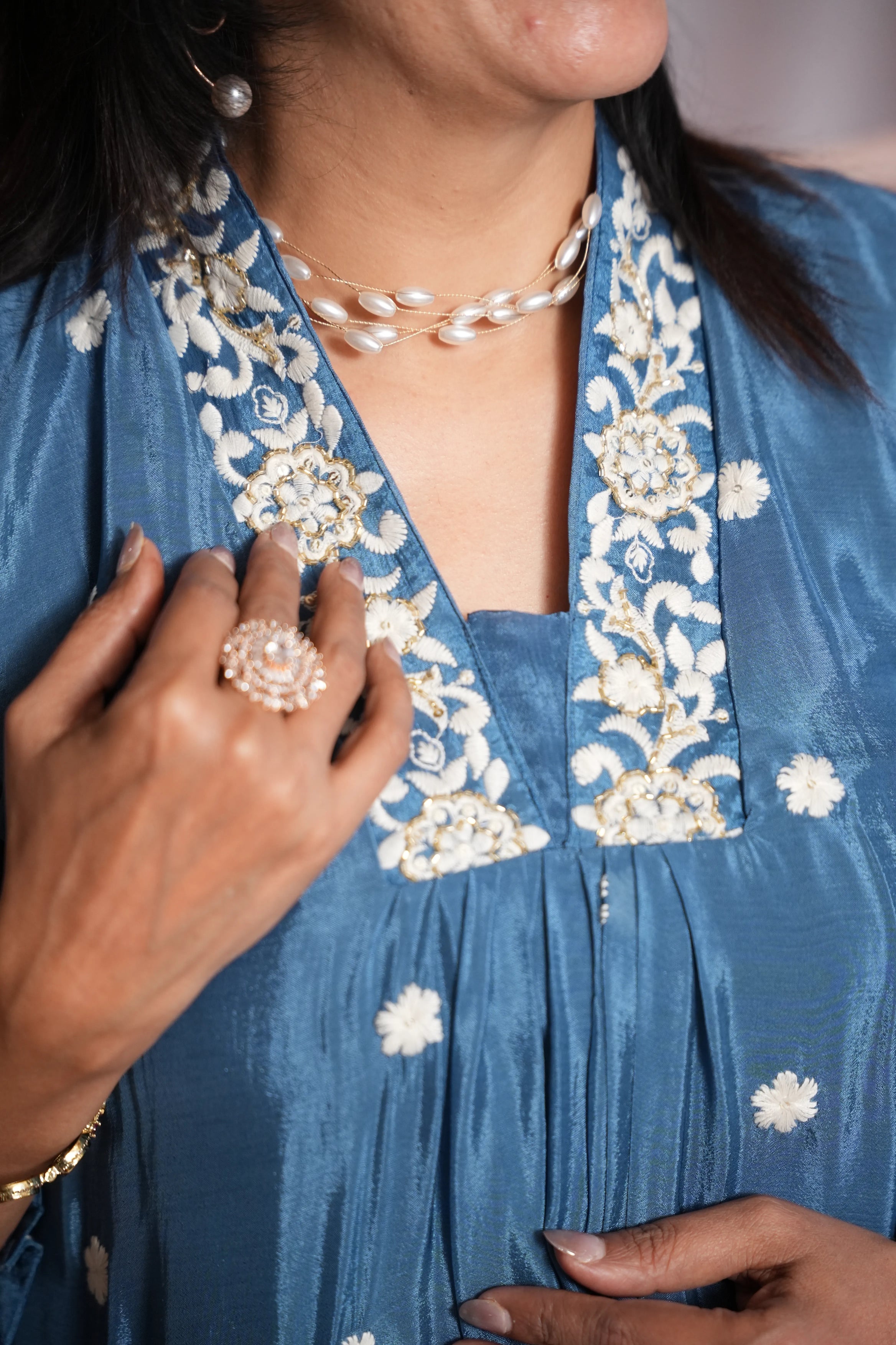 Steel Blue A-Line Kurta Dupatta Set | Chinon Fabric