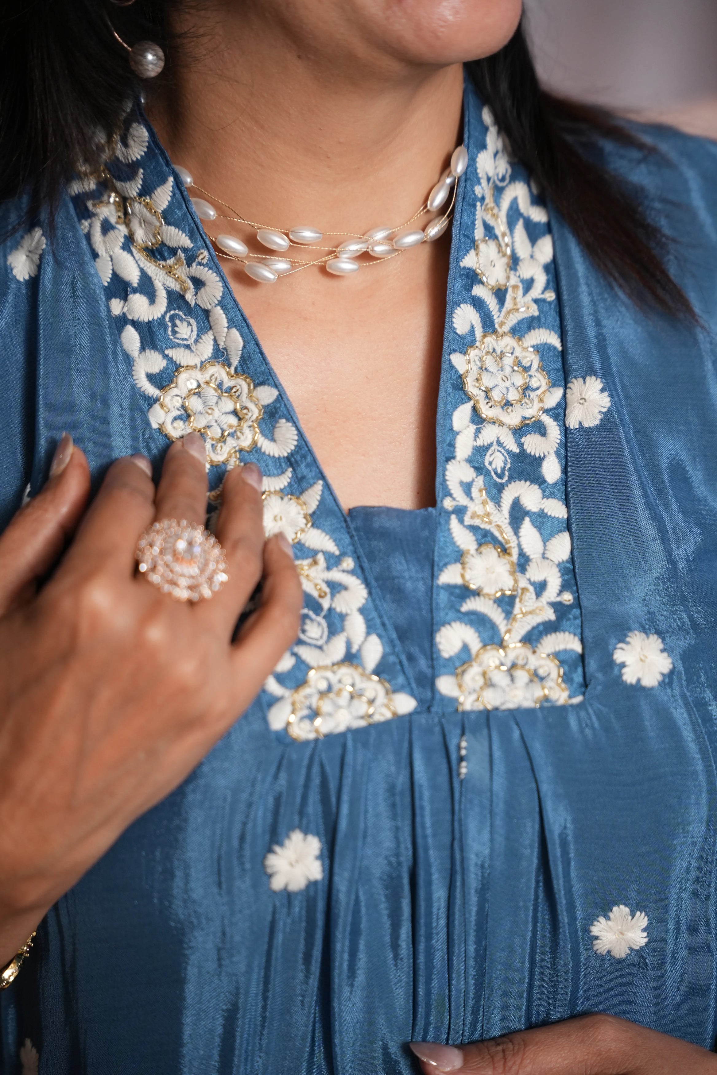 Steel Blue A-Line Kurta Dupatta Set | Chinon Fabric