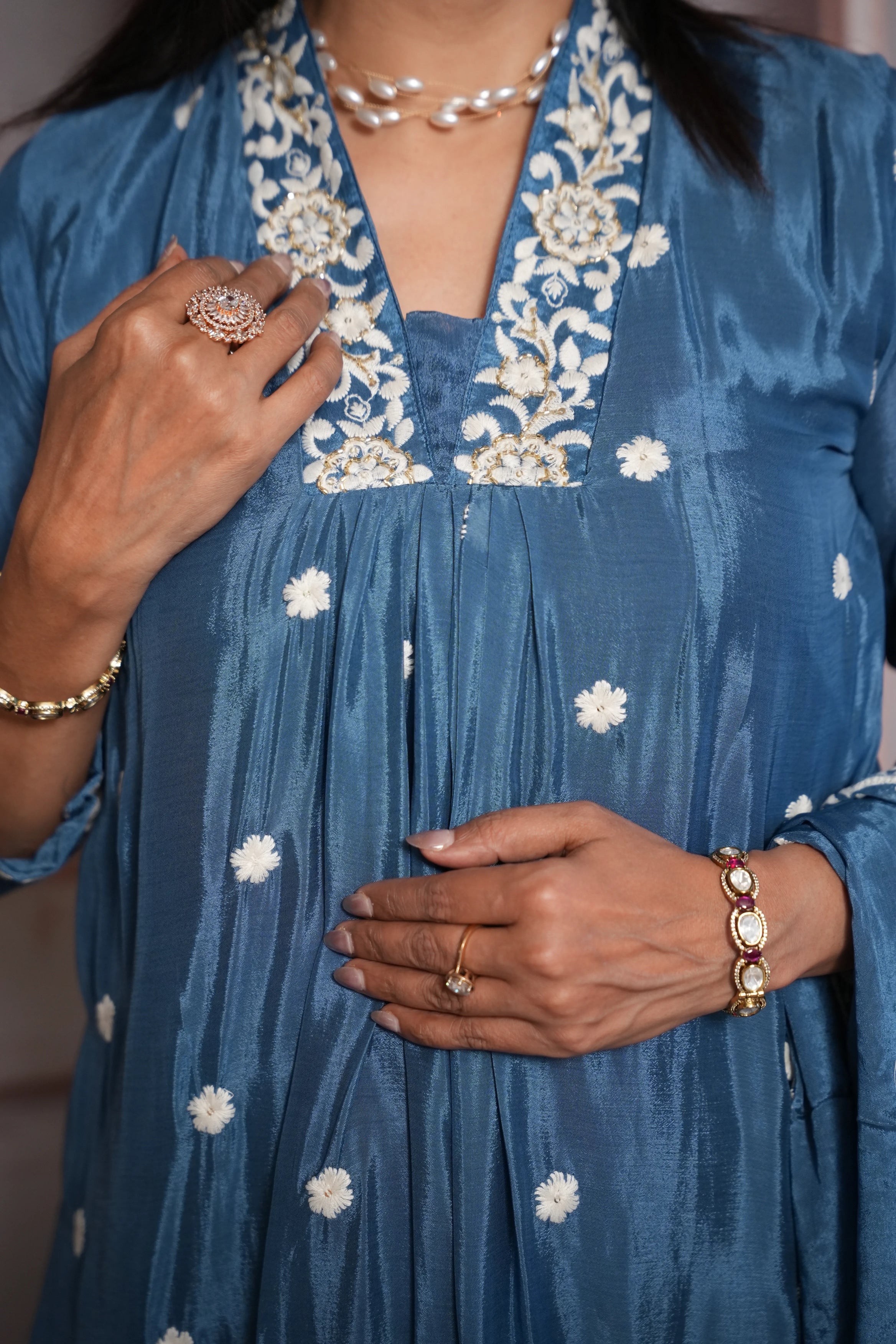 Steel Blue A-Line Kurta Dupatta Set | Chinon Fabric