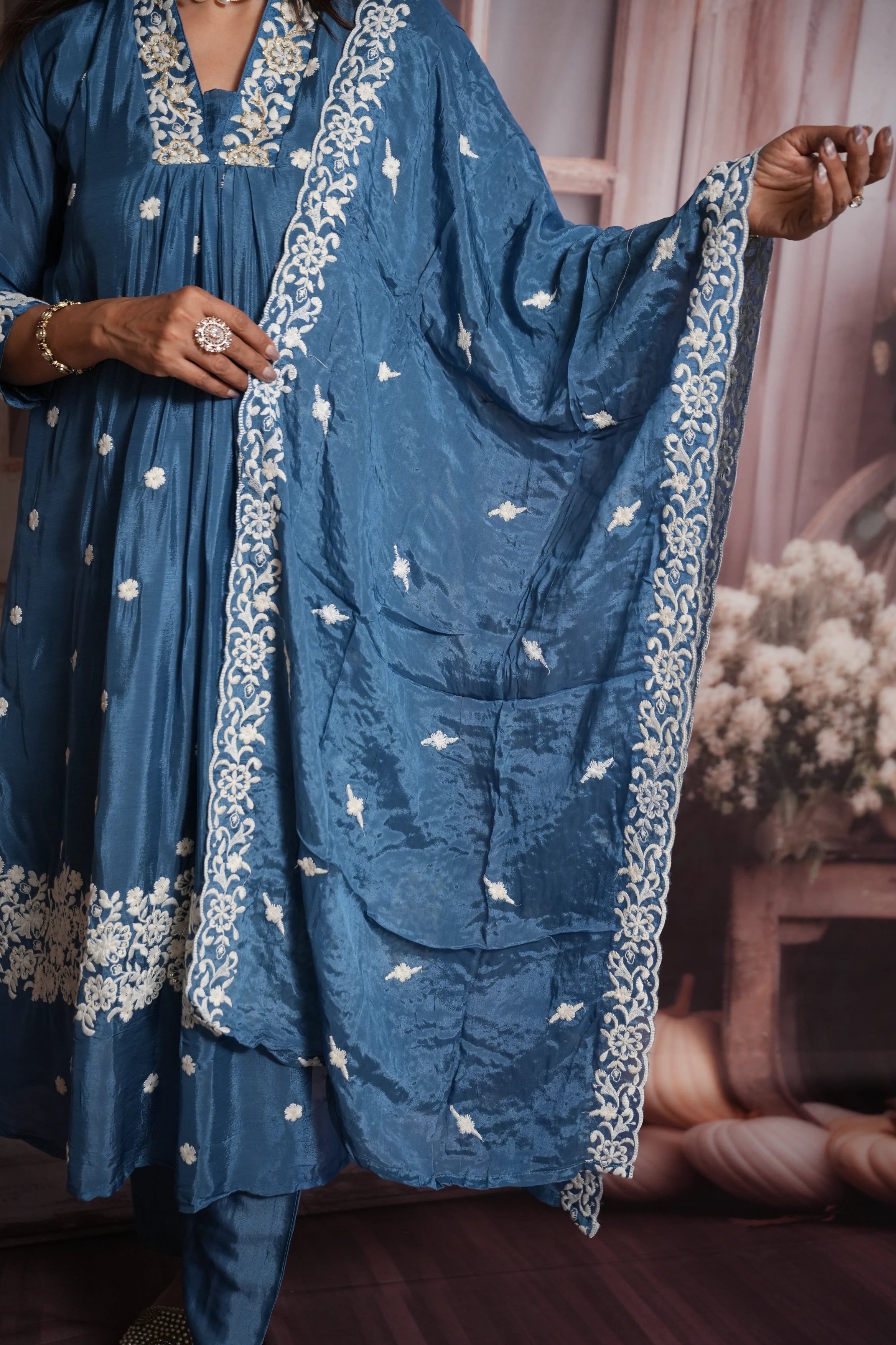 Steel Blue A-Line Kurta Dupatta Set | Chinon Fabric