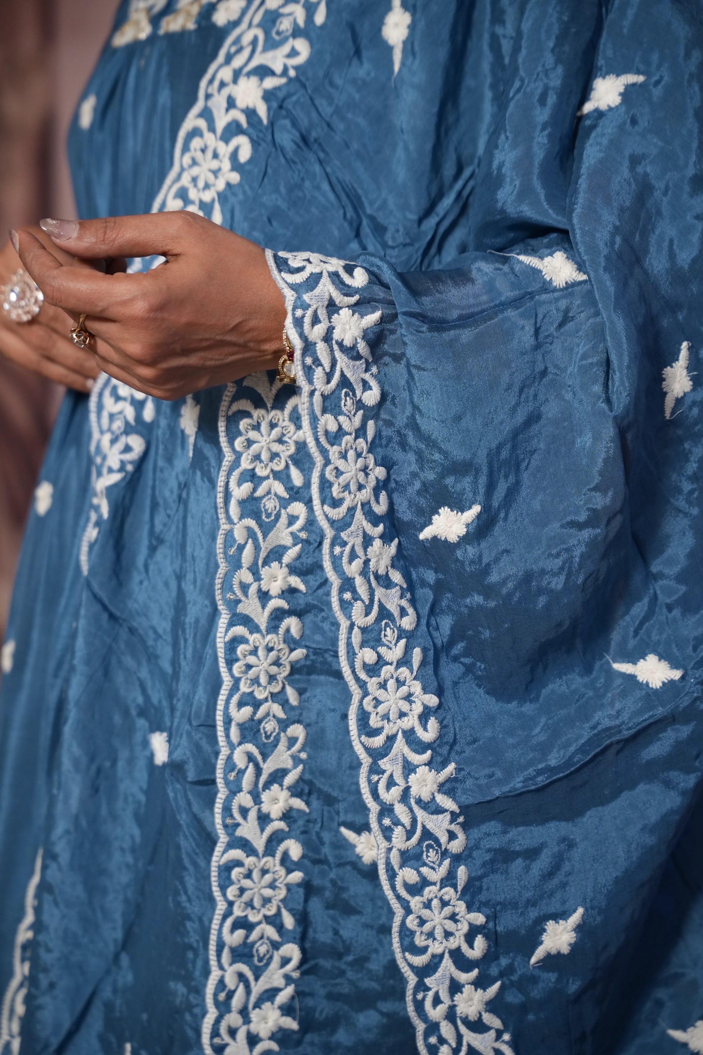 Steel Blue A-Line Kurta Dupatta Set | Chinon Fabric