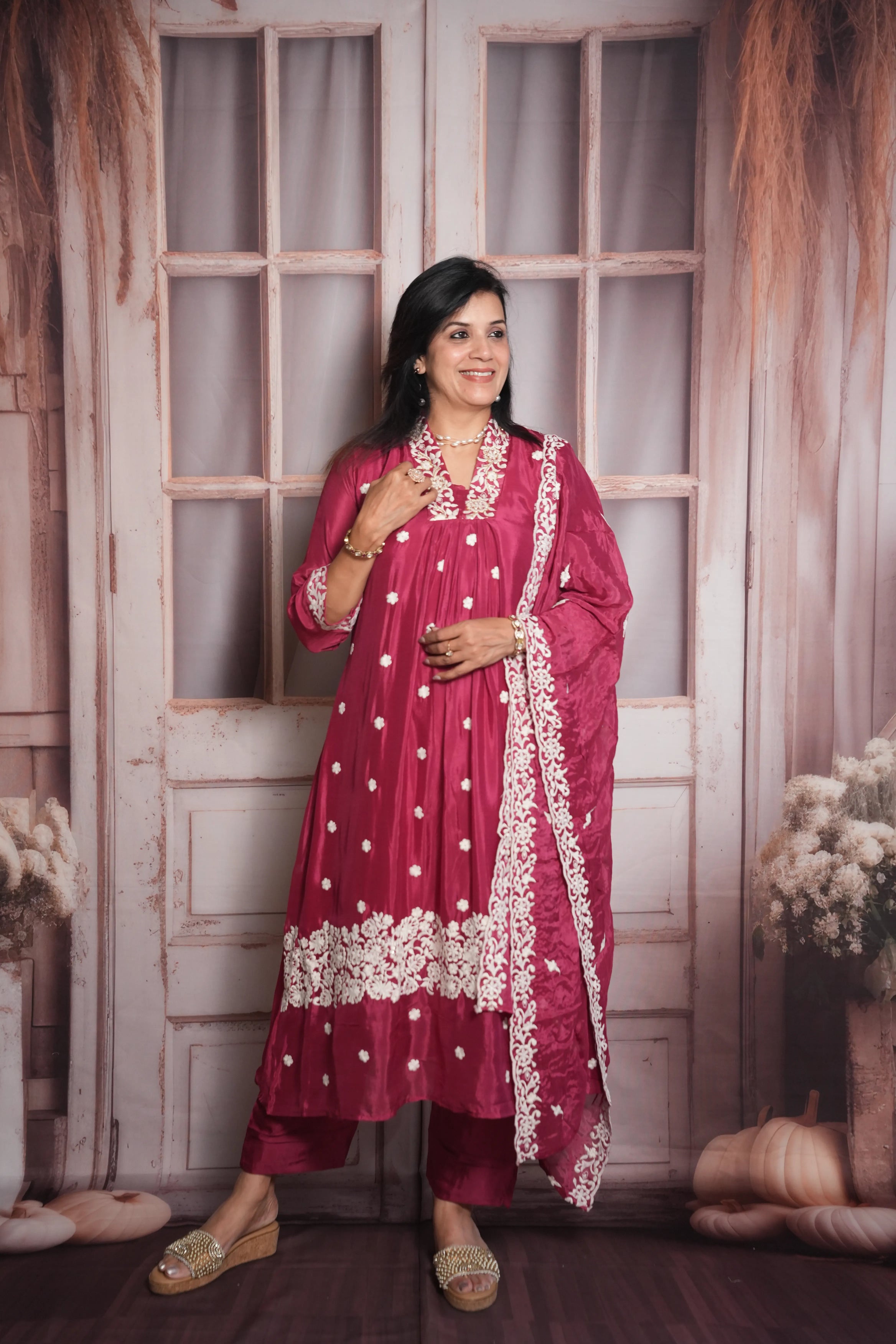 Dark Magenta A-Line Kurta Dupatta Set | Chinon Fabric