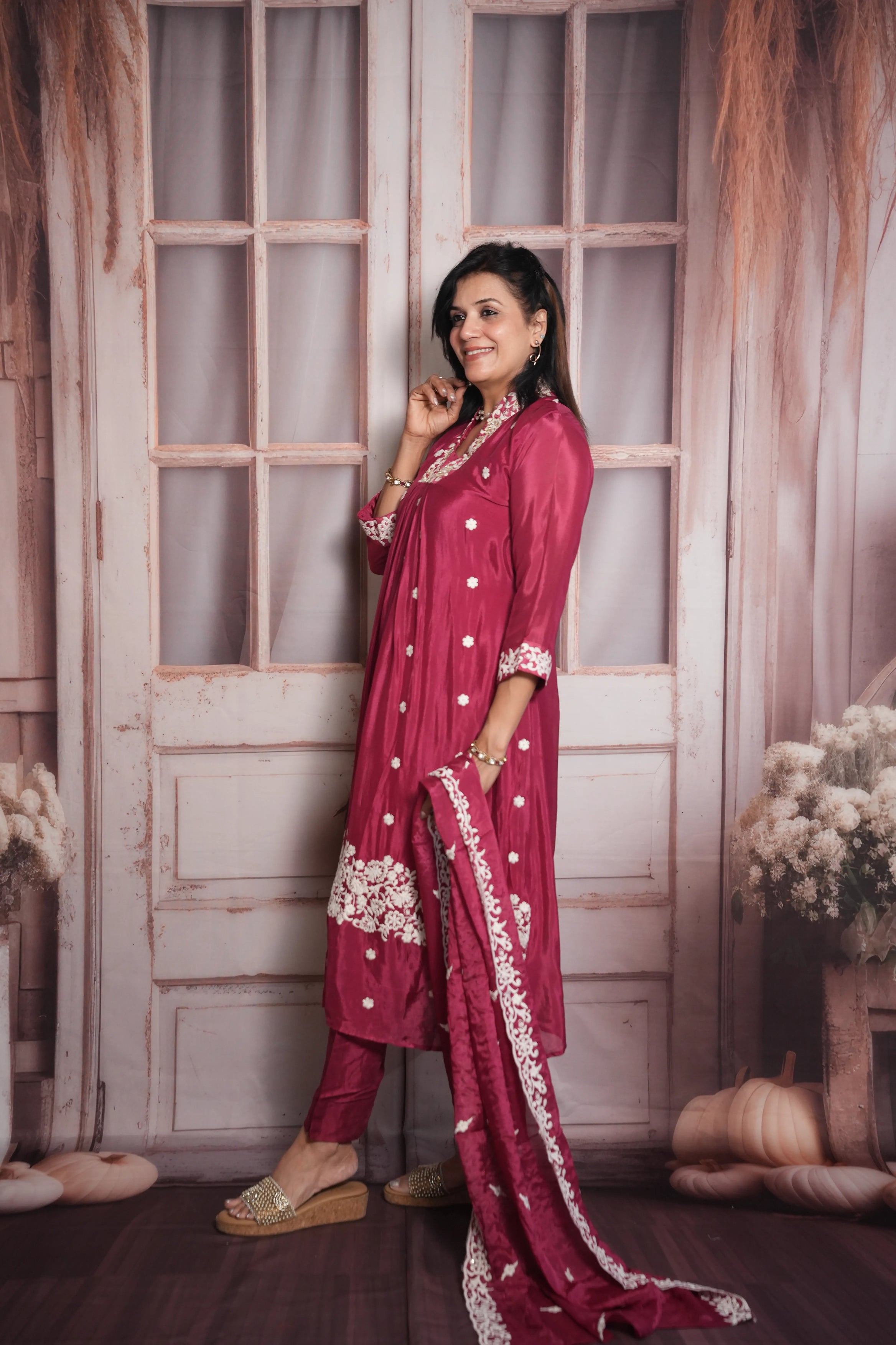 Dark Magenta A-Line Kurta Dupatta Set | Chinon Fabric