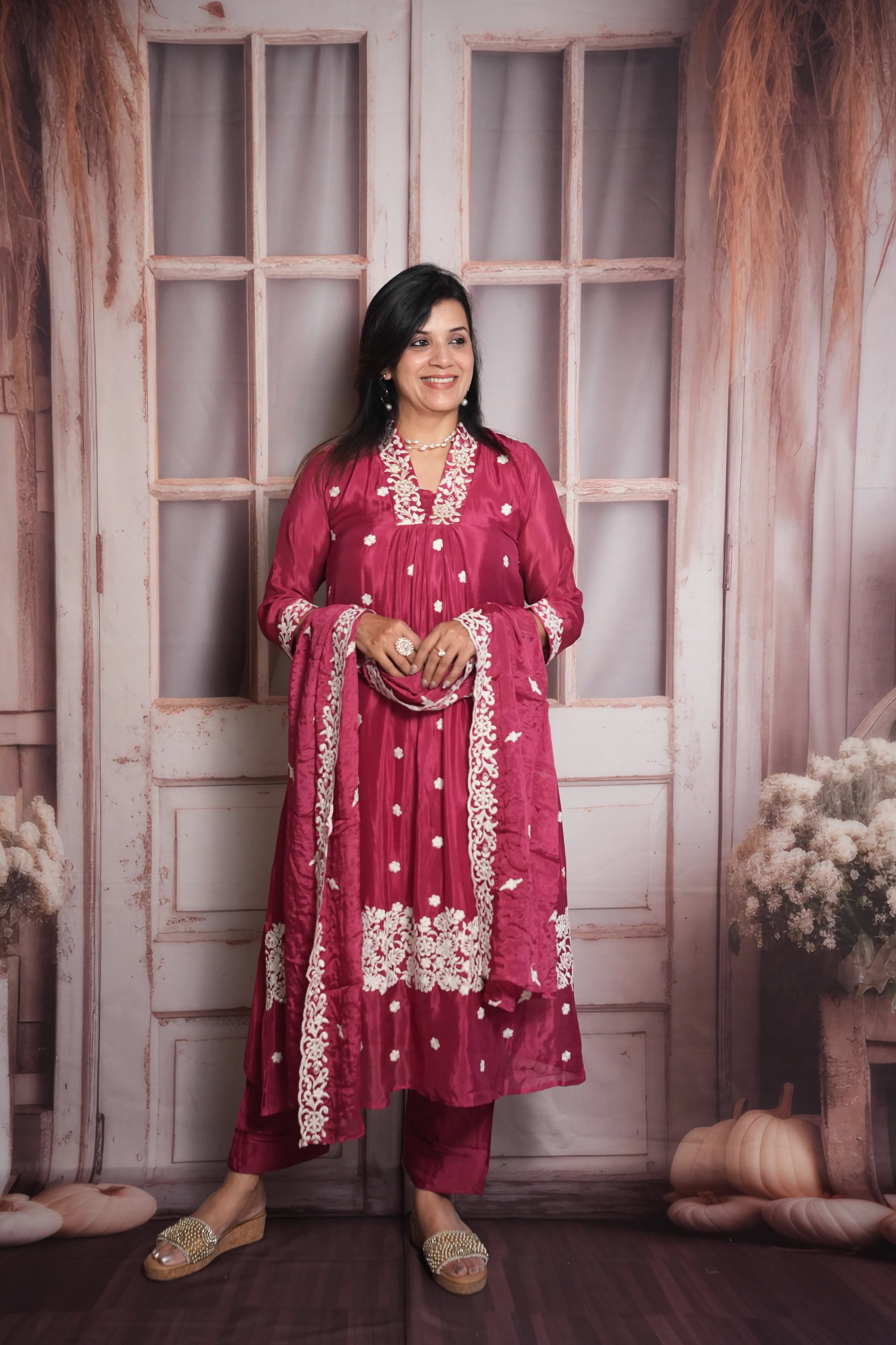 Dark Magenta A-Line Kurta Dupatta Set | Chinon Fabric