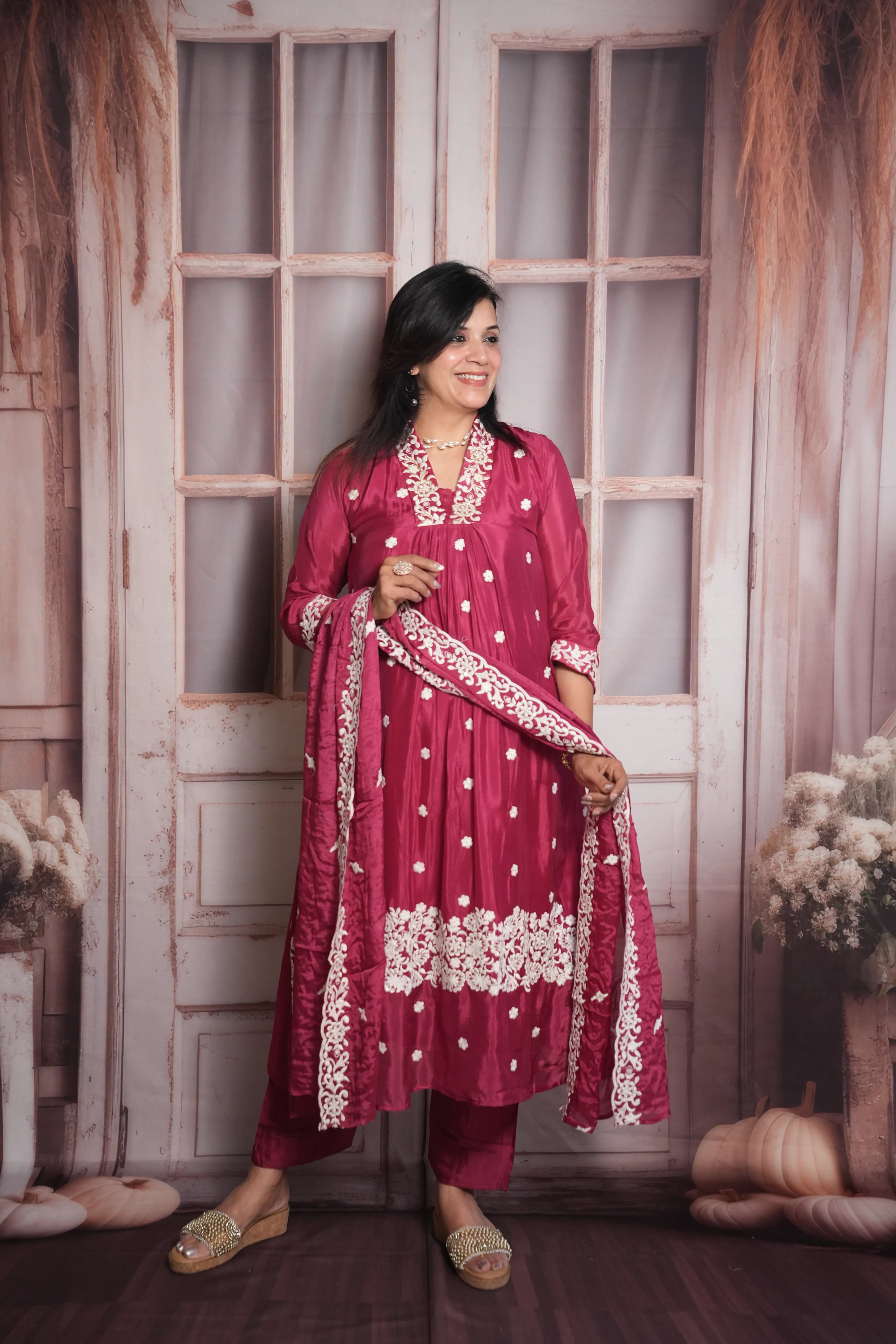 Dark Magenta A-Line Kurta Dupatta Set | Chinon Fabric