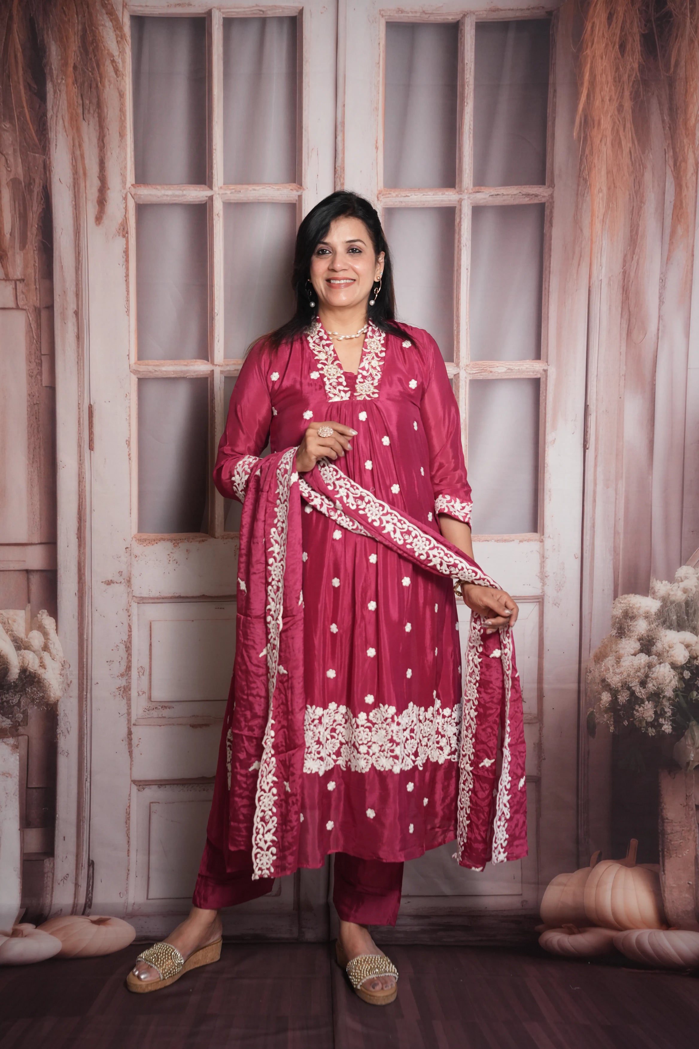 Dark Magenta A-Line Kurta Dupatta Set | Chinon Fabric