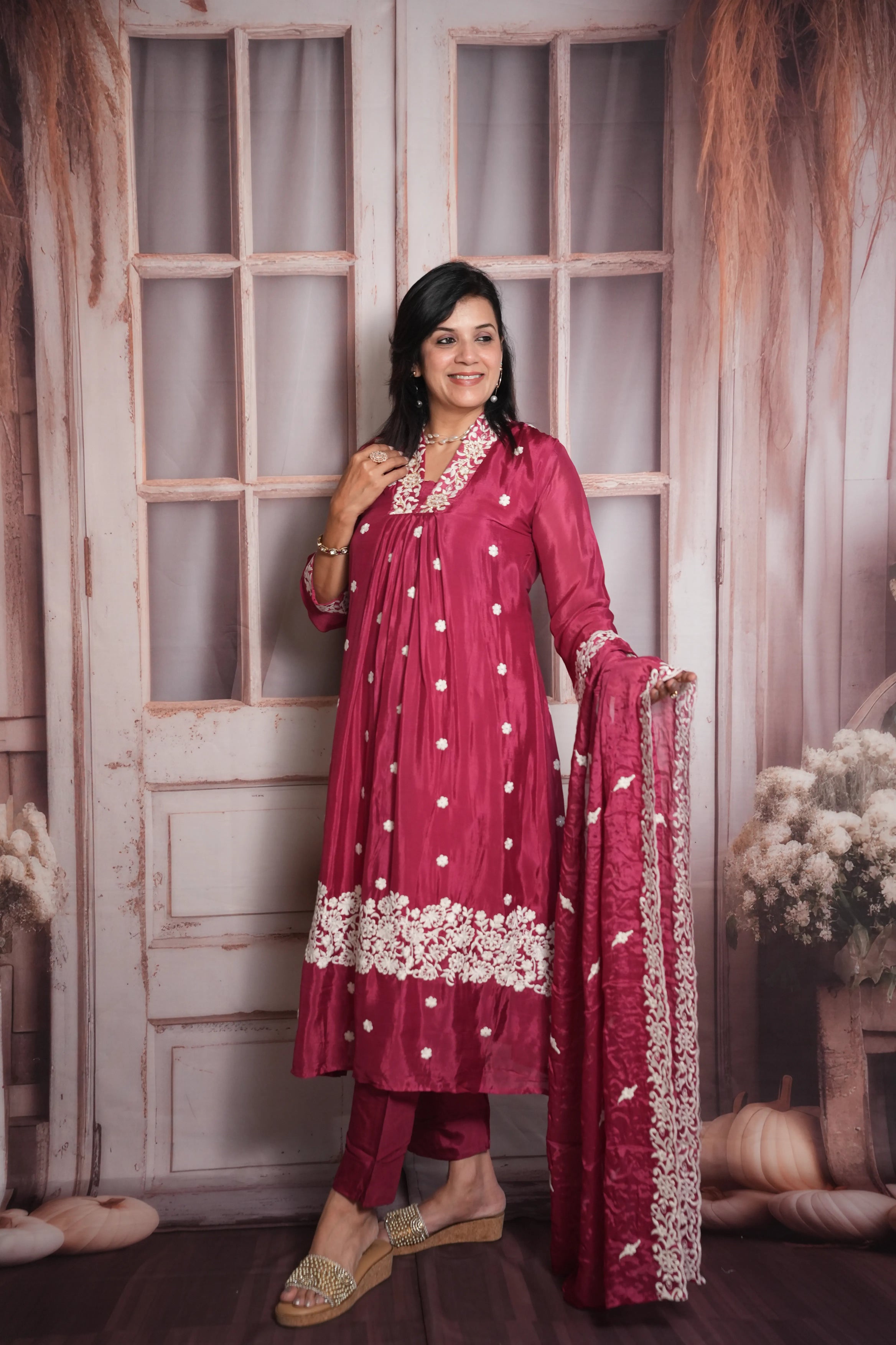 Dark Magenta A-Line Kurta Dupatta Set | Chinon Fabric