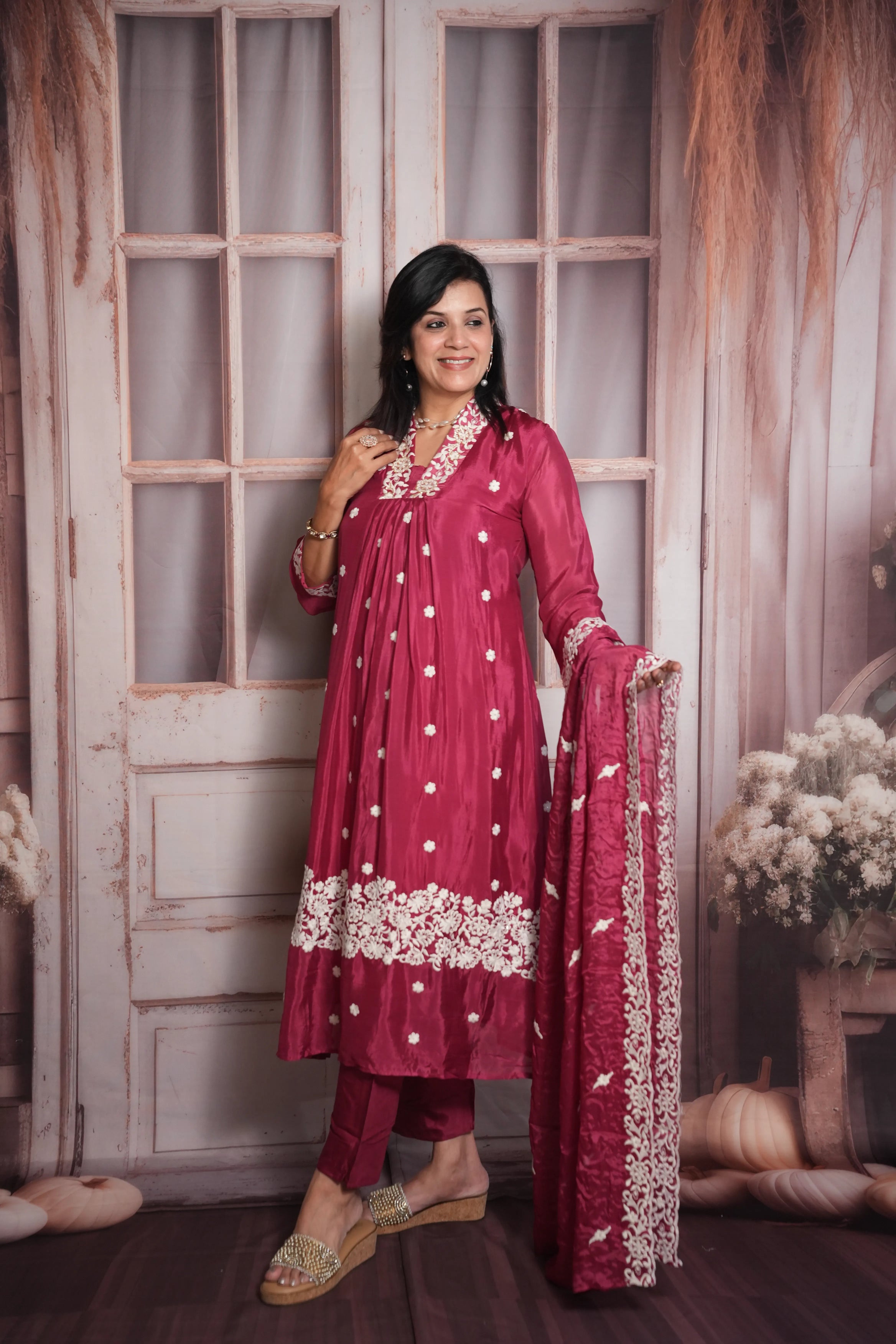 Dark Magenta A-Line Kurta Dupatta Set | Chinon Fabric
