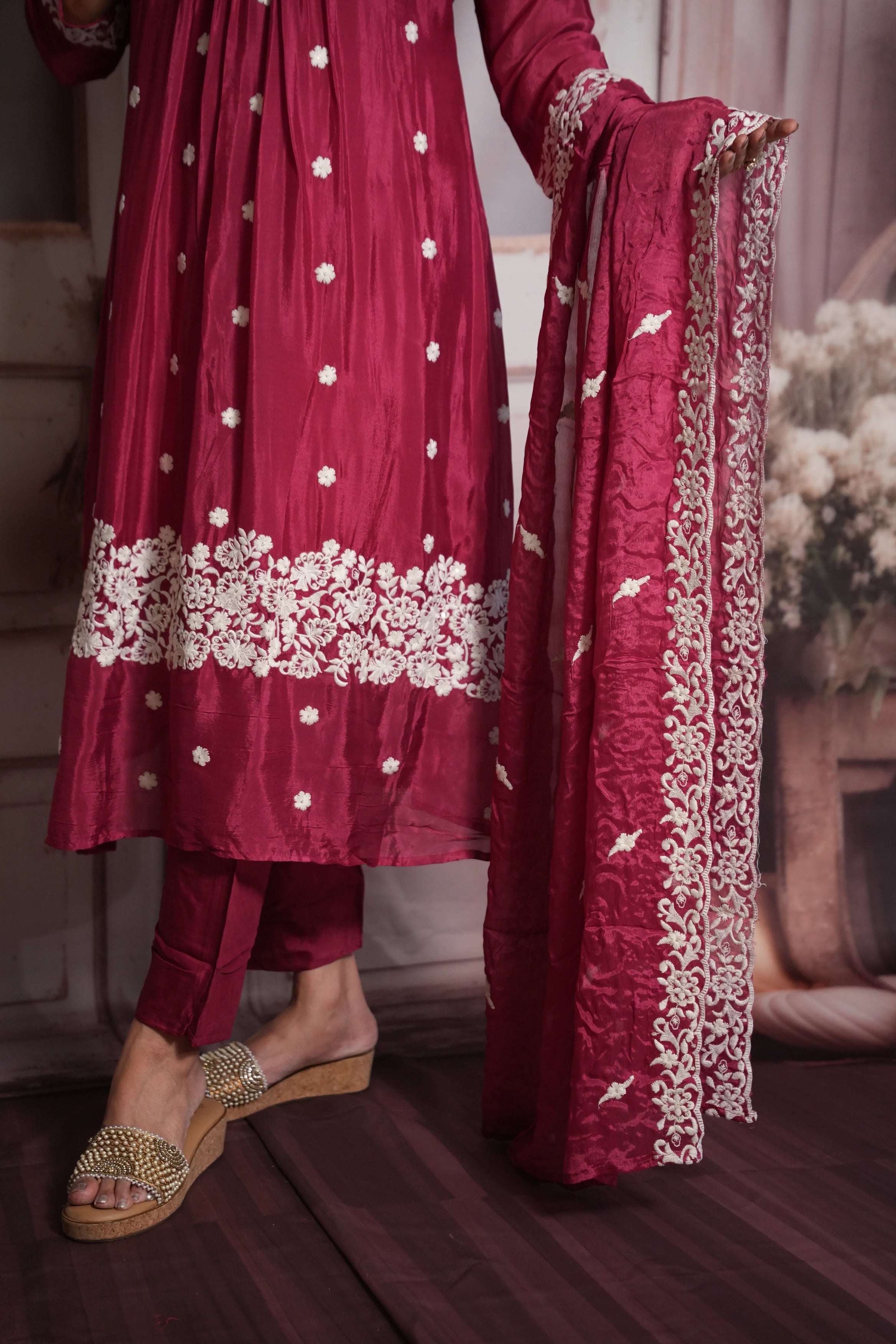 Dark Magenta A-Line Kurta Dupatta Set | Chinon Fabric