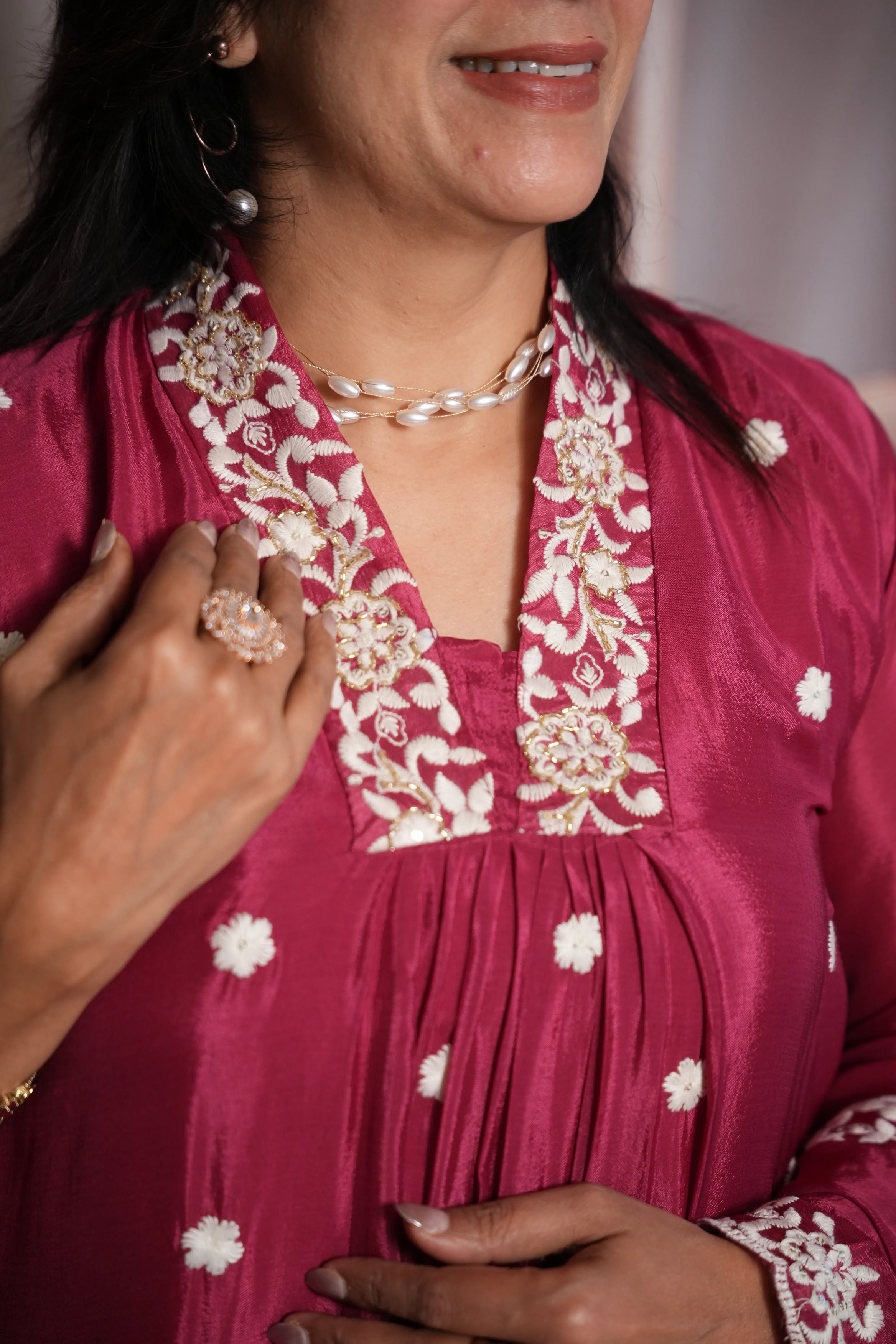 Dark Magenta A-Line Kurta Dupatta Set | Chinon Fabric