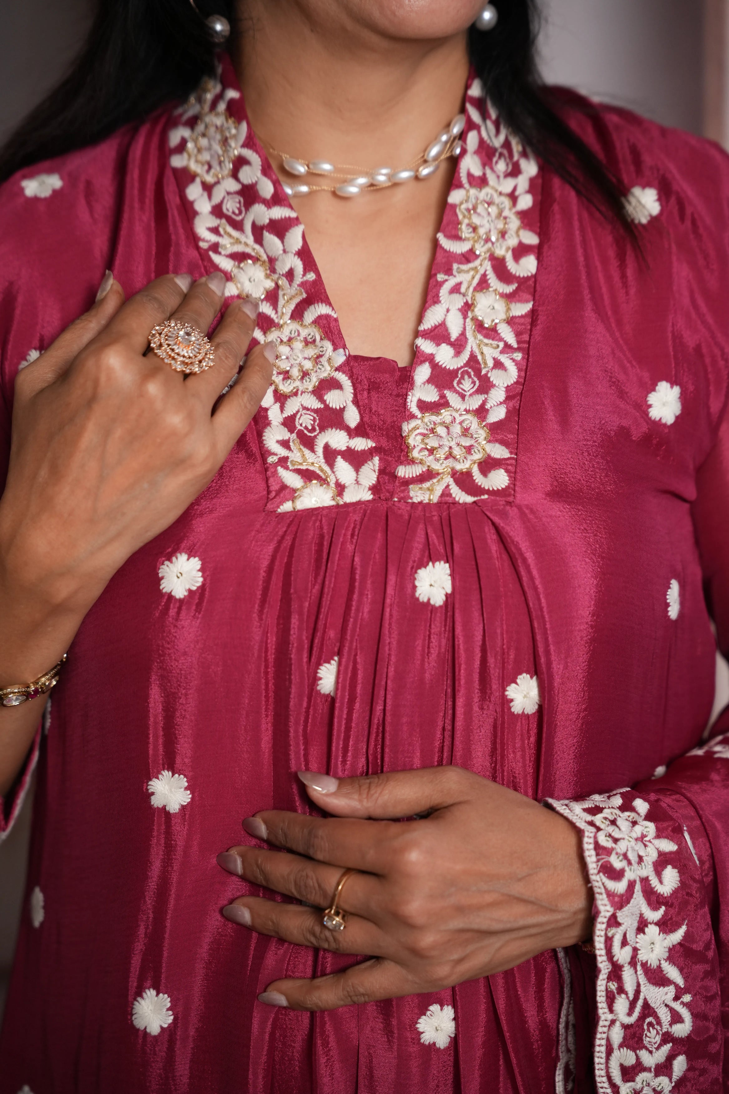 Dark Magenta A-Line Kurta Dupatta Set | Chinon Fabric