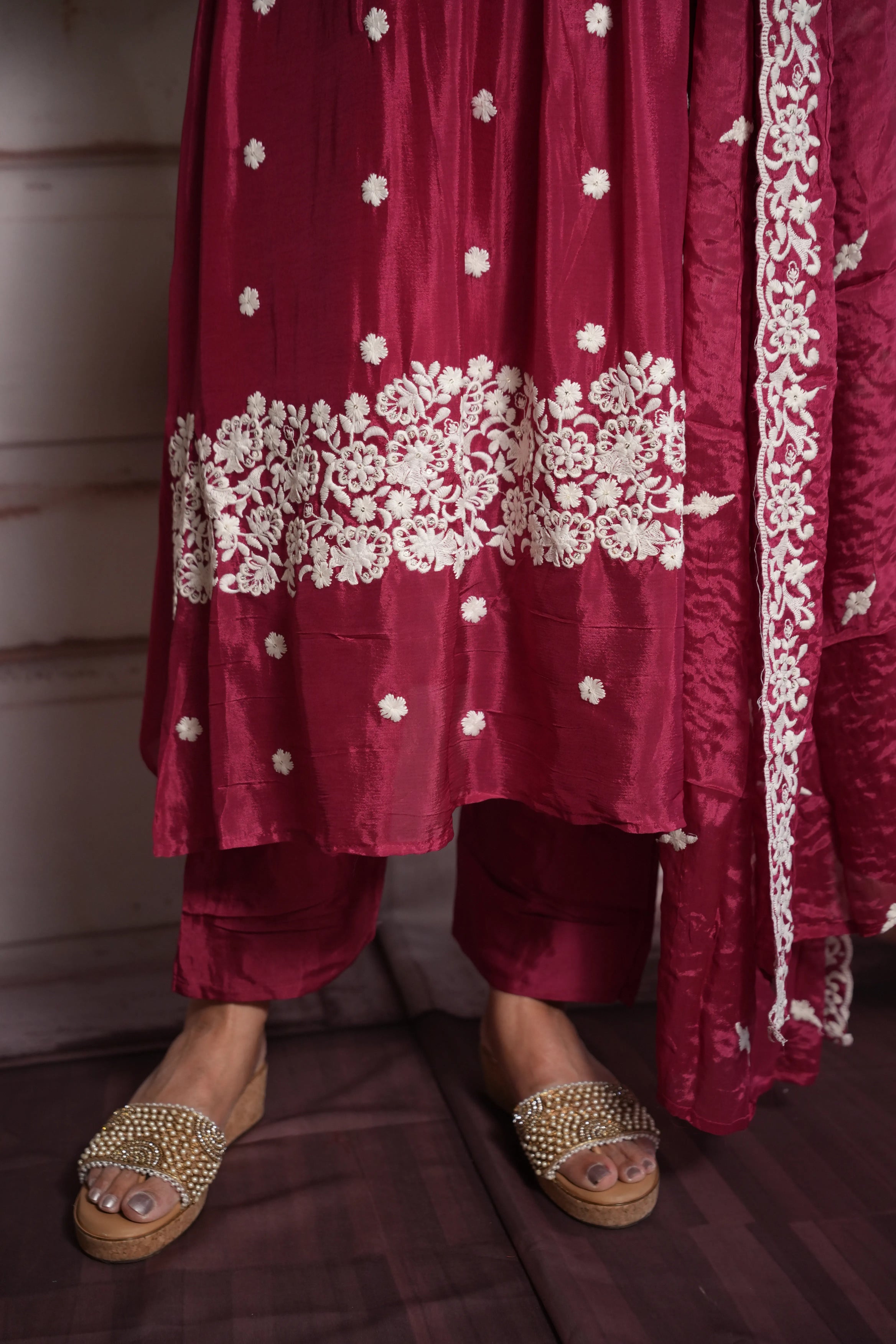 Dark Magenta A-Line Kurta Dupatta Set | Chinon Fabric