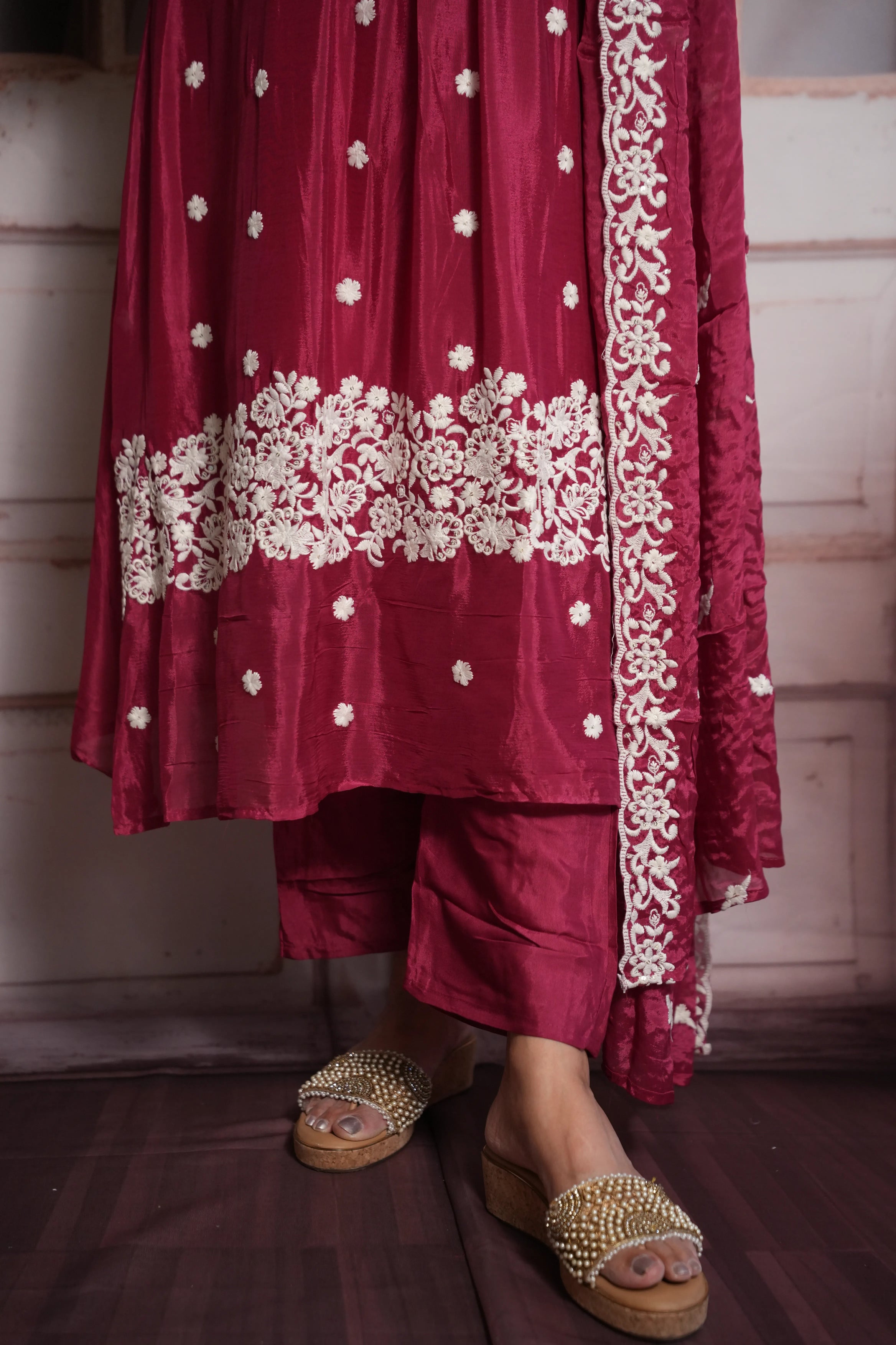 Dark Magenta A-Line Kurta Dupatta Set | Chinon Fabric